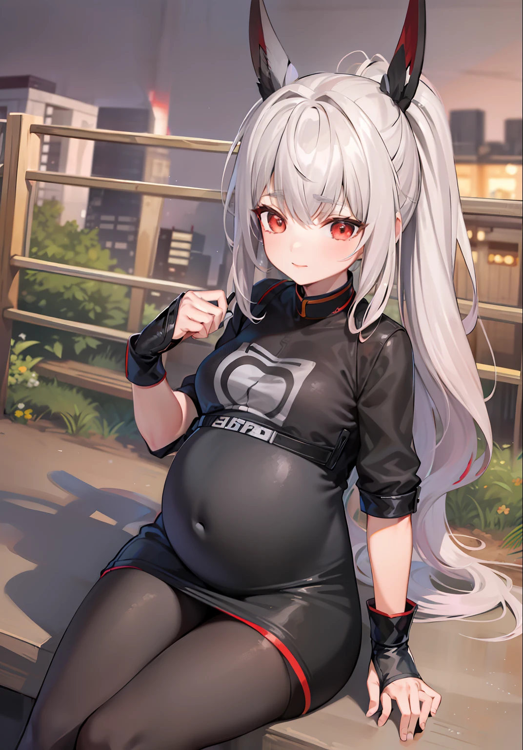 tmasterpiece，The best quality，A girl sits on a fence，Fusion，Adjust hair，red eyes，Gray hair，pony tails，grey eyelash，black uniforms，black glove，looking at the distance，look from down，Pregnant belly, Maternity wear，Maternity wear，Pregnant belly，Pregnant belly