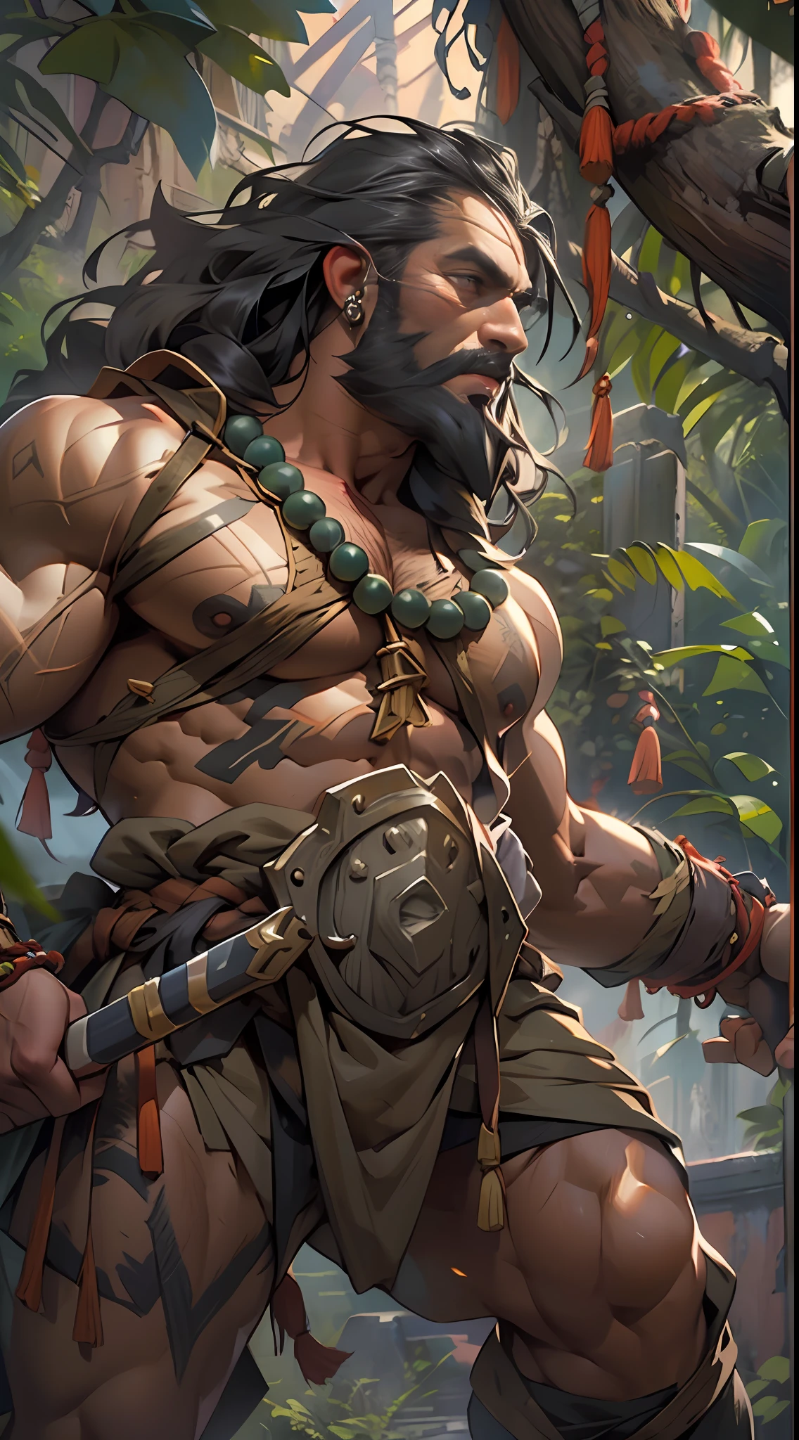 Muscular barbarian, partially  upper body, lower body uncovered from thighs to feet, bearded with beads, long flowing curls, intricate muscular details, photorealistic artwork, 4K quality. Background: Dense jungle with ancient ruins,32k uhd, best quality, masterpiece, super detail, high details