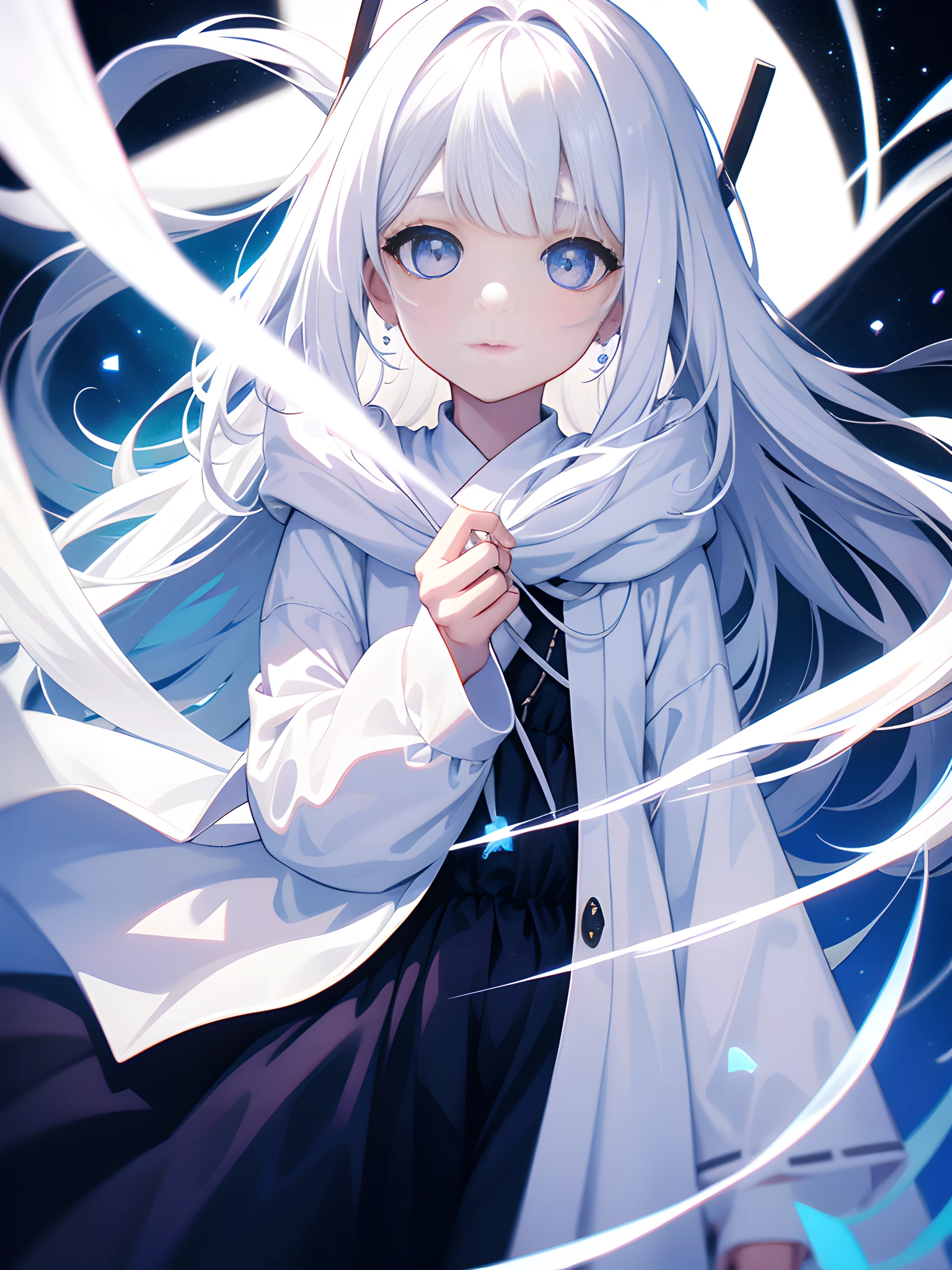 1girll, White hair, pupils in symbol shapes, milky ways, Light particles, Light rays, the wallpaper, High contrast, Colorful,long white robe，4K