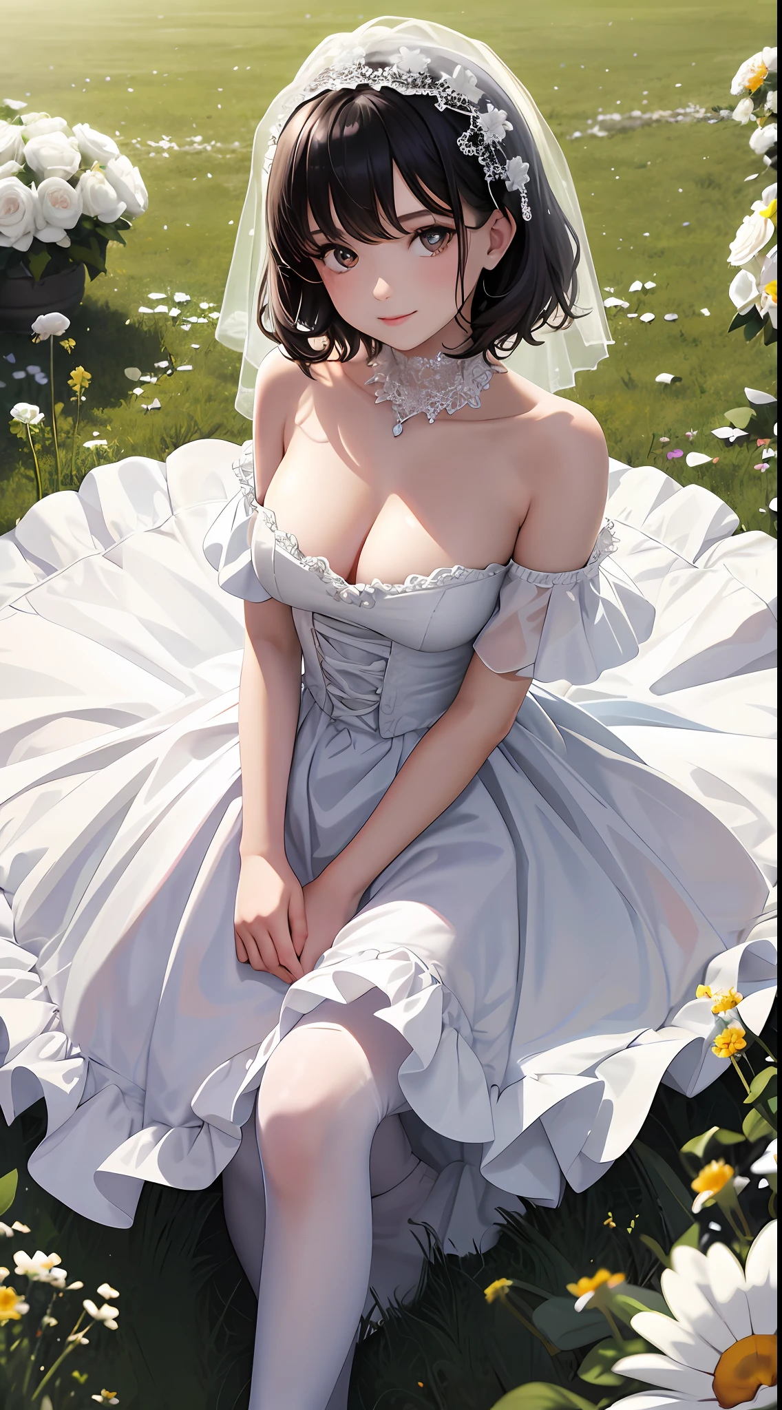 Best quality at best,tmasterpiece,1girll,ars old,white wedding gown,Surrounded by flowers,The upper part of the body,closeup cleavage,with short black hair,(little breast),grassy fields,big breasts beautiful,looking at viewert,ssmile,white stockings,particle fx,Off-the-shoulder attire