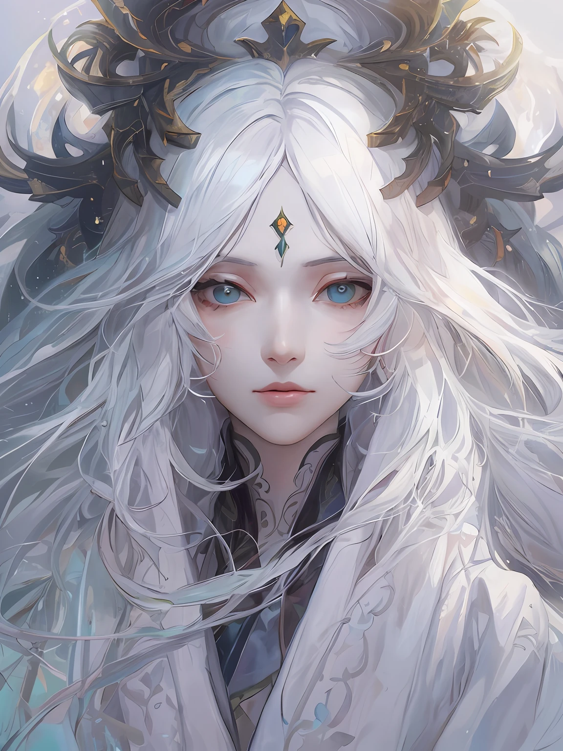 A pixiv competition winner, fantasy art, white-haired god, beautiful character painting, guvez style artwork, dazzling gaze of Yuki Onna, guweiz, long white hair, flowing hair and robes, cute big eyes, illustrations, fine lines, deep color