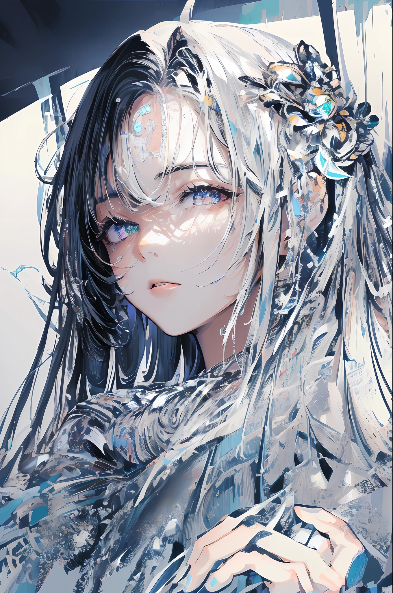 ((masterpiece, best quality, ultra-detailed, high-resolution)), solo, beautiful girl, gleaming eye, perfect eye, age 15, black white gold theme,