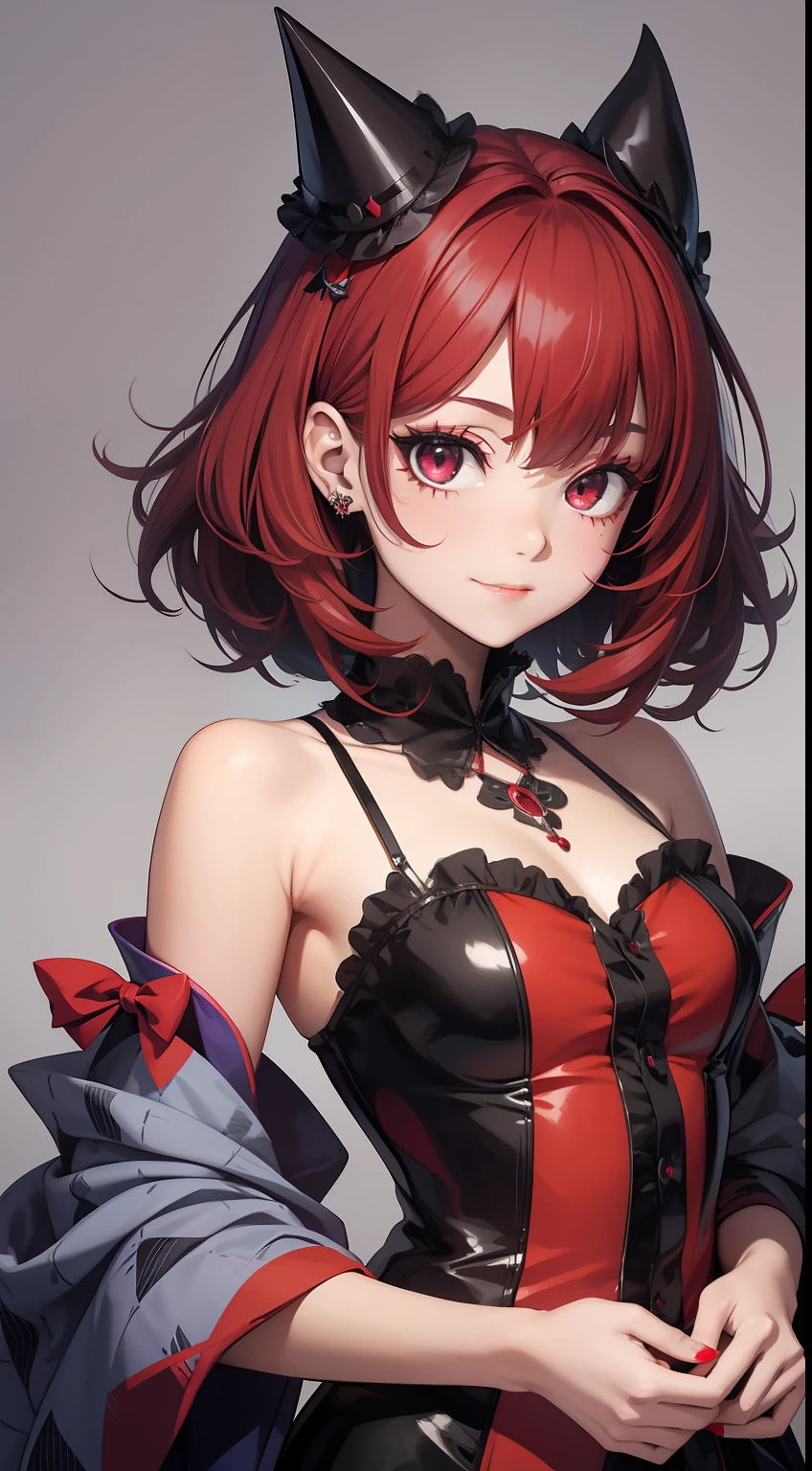 young girl, short black or red hair, The eyes are red, The shape of the royal jester, ssmile, clown makeup, Masterpiece, hiquality
