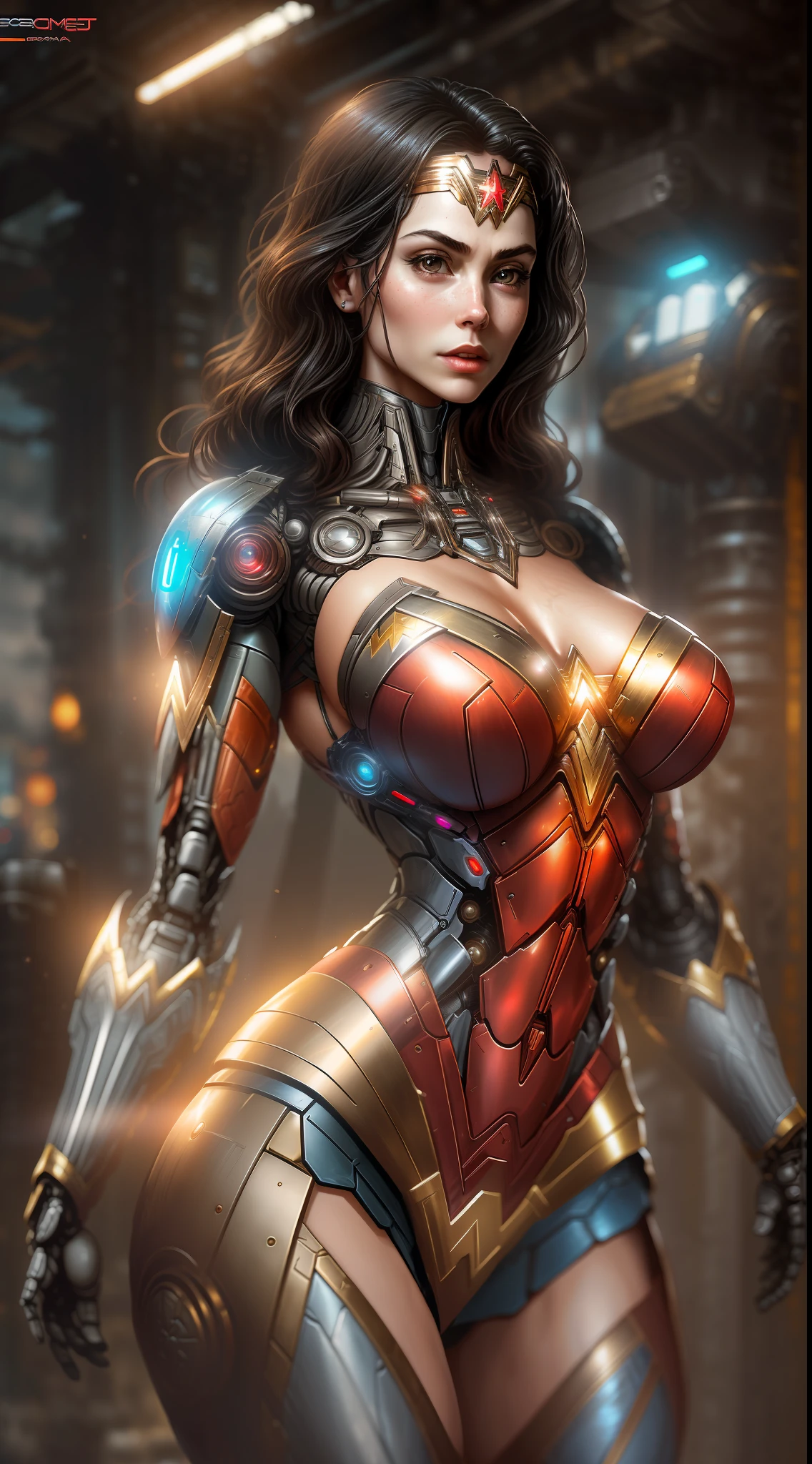 Wonder Woman (sexy, big boobs) photo from DC, biomechanical, complex robot, full growth, hyperrealistic, insane small details, extremely clean lines, cyberpunk aesthetic, masterpiece featured at Zbrush Central