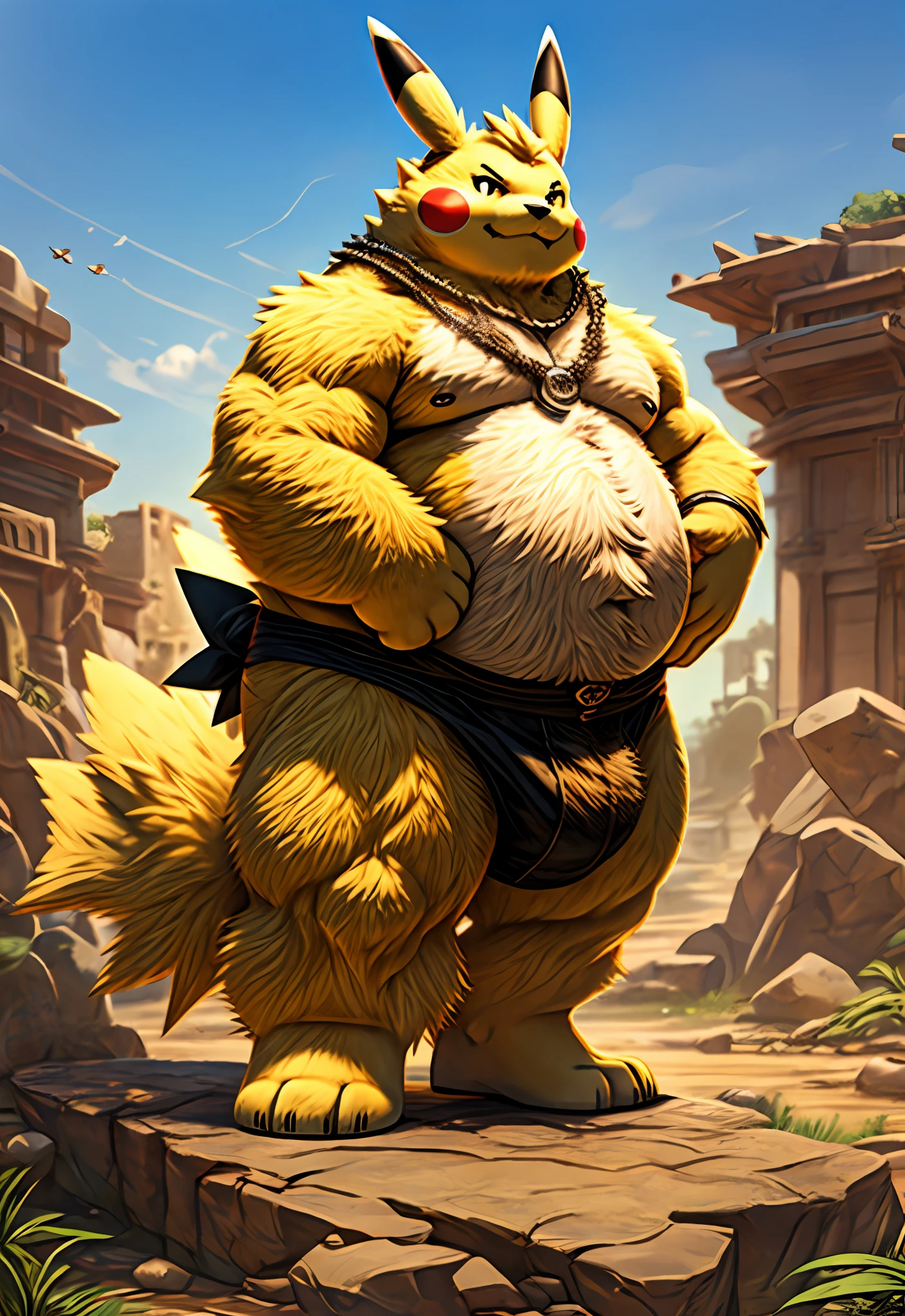 Correct body proportions,hairy pubic,Hairy chubby,Furry,Fat minora,Furry, Yellow fur, nakeness, Fur details,potbelly, male people, (Beautiful texture) 独奏, wildness, Pokemon, Pikachu, A detailed, A high resolution, style of photography, tmasterpiece, best qualtiy,High quality background,Lab Room,salama