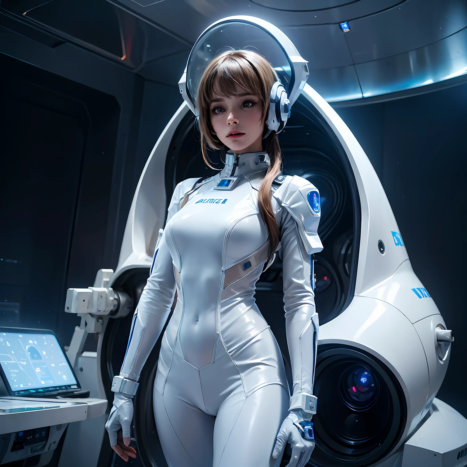 Woman in futuristic suit is standing in room, In the spacecraft of the future, beutiful white girl cyborg, beautiful woman in spacesuit, wearing futuristic space gear, futuristic spacesuit, in white futuristic armor, wearing futuristic clothing, science fiction space suit, futuristic astronaut, white cyborg fashion shot, in spacecraft, in space station, futuristic clothing and helmet