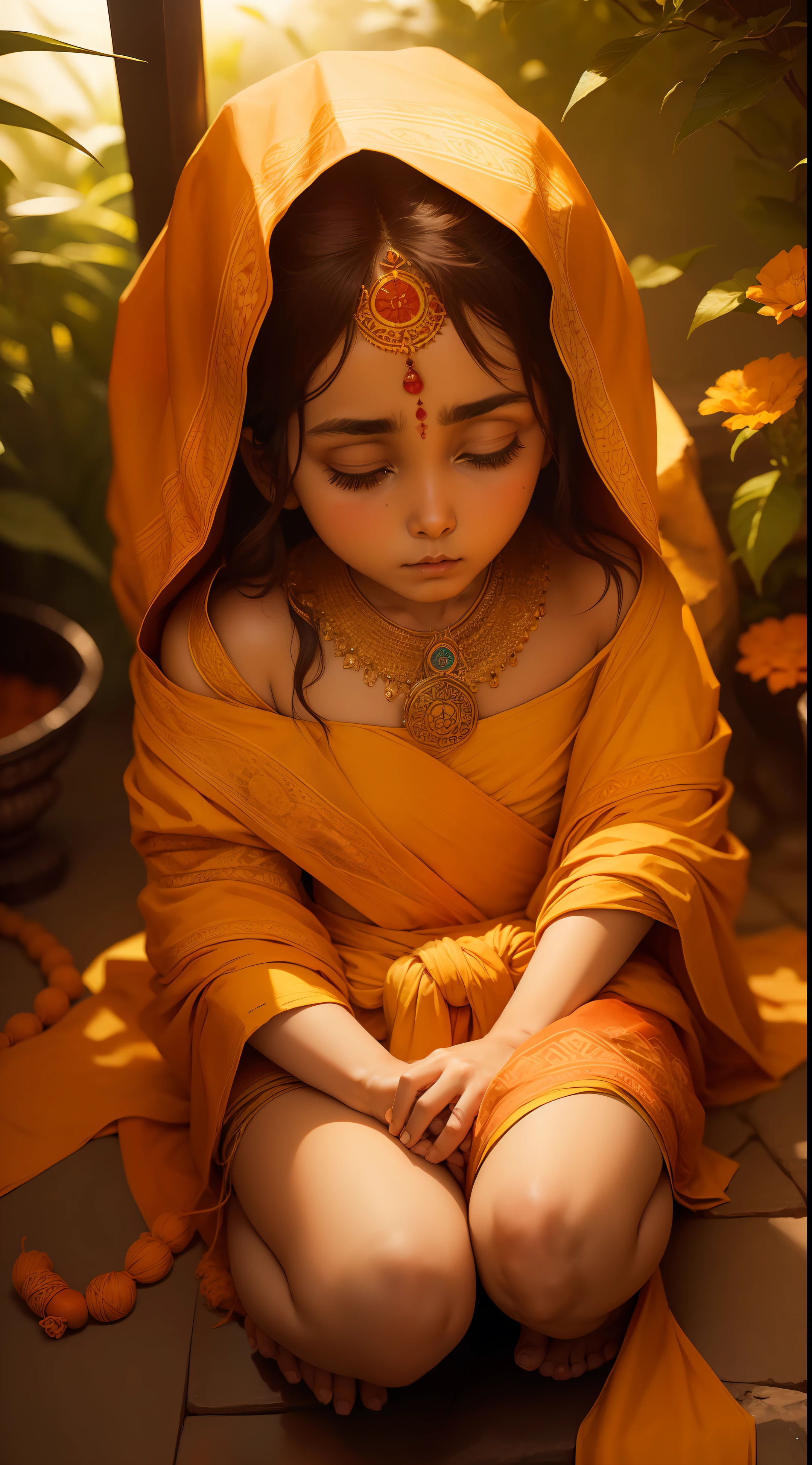 In the serene setting of an ancient temple courtyard, there stands a young Sanatani girl, no older than ten years. The girl is dressed in traditional saffron-colored robes, typical of a sadhu, which flow loosely around his small frame. The fabric carries a few visible signs of wear and tear, a testament to the gir's humble and ascetic lifestyle.

His big, innocent eyes are a deep shade of brown, and they carry a profound sense of wisdom and compassion beyond his years. The loss of his parents at a young age has left a touch of sorrow lingering in his gaze, yet it is juxtaposed with an underlying sense of spiritual serenity that resonates with the teachings of his Sanatana Dharma.

On his forehead, a vermilion tilak adorns his skin, marking his devotion to his faith. A simple rudraksha mala (prayer beads) hangs around his neck, symbolizing his connection with the divine and the cyclical nature of life.

His hands, though small, are adorned with intricate mehndi designs, showcasing the artistry and creativity that he might have picked up from his fellow sadhus or gurus. Each pattern tells a unique story, and the girl takes pride in sharing them with the visitors who seek his blessings.

Sitting in a meditative pose, he exudes an aura of tranquility, as if he has achieved a level of spiritual enlightenment beyond his age. His legs are crossed, and his palms rest gently on his knees, radiating warmth and compassion to anyone who approaches him.

Surrounding the girl, the temple courtyard is adorned with marigold garlands, incense sticks that emit a subtle fragrance, and soft rays of sunlight that filter through the ancient stone pillars. Peacocks occasionally roam the courtyard, adding a touch of vibrant colors to the otherwise somber environment.

This sadhu little Sanatani girl has become a symbol of hope and devotion, touching the hearts of those who encounter him and reminding them of the profound essence of faith, compassion, and the pursuit of spiritual knowledge.