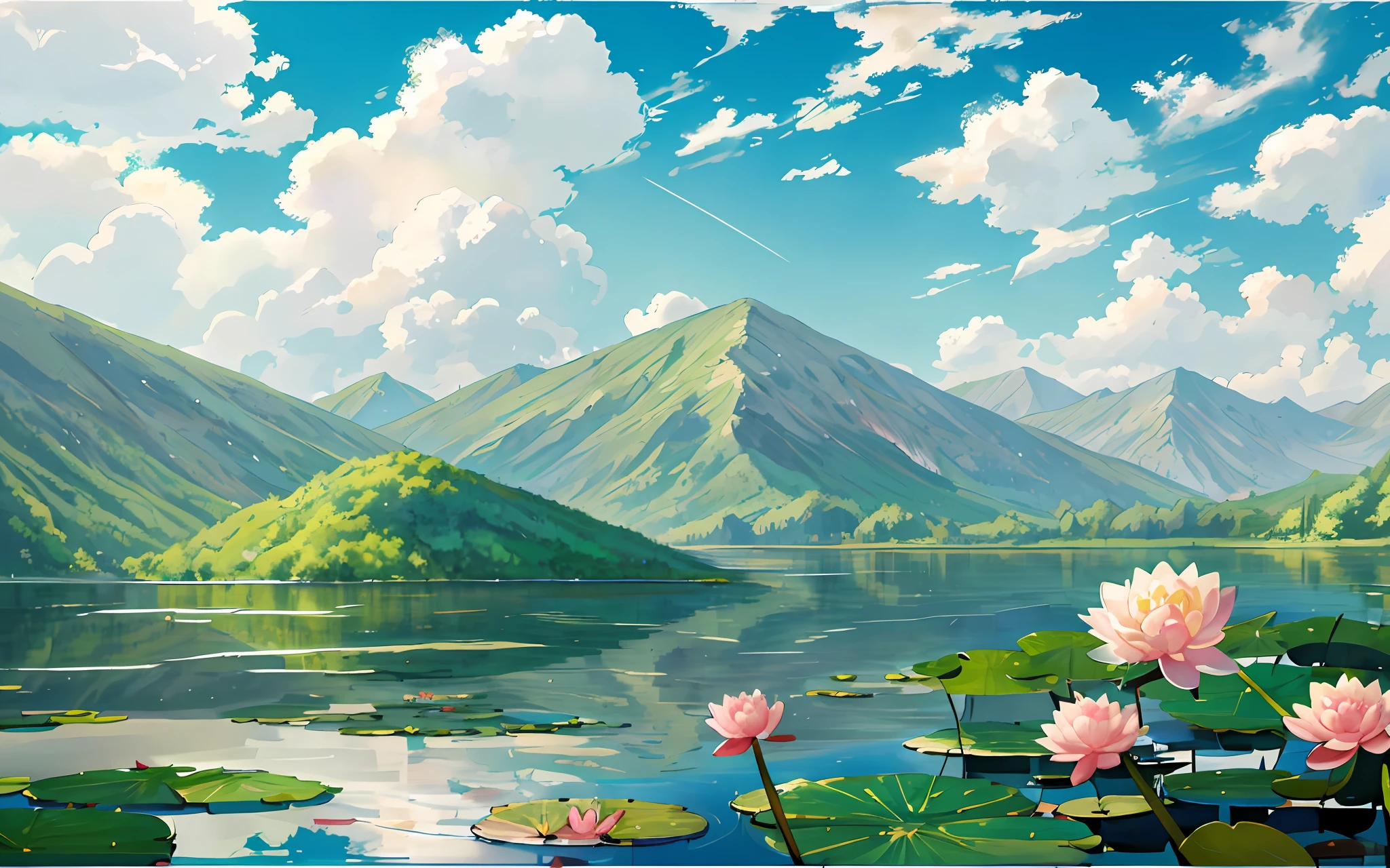 Lake painting with water lilies and mountains as background, anime beautiful peace scene, beautiful anime scenery, anime landscape wallpapers, ross tran. scenery background, Anime landscape, beautiful lake background, Detailed scenery —width 672, beautiful anime scenes, Anime Nature, beautiful digital painting, peaceful landscape, anime nature wallpap, Beautiful art UHD 4 K