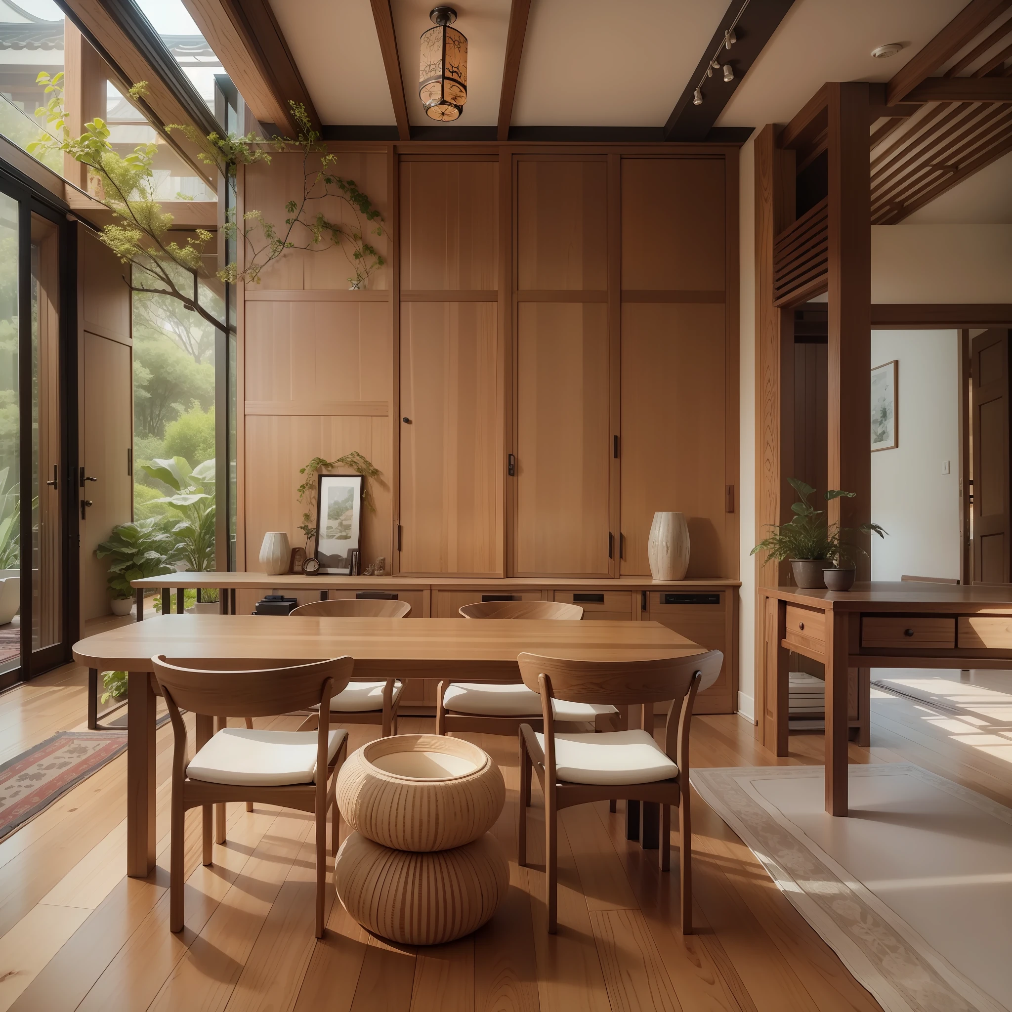 interior design、Insanely detailed wide-angle architectural photo、Cozy contemporary living room、(Bright and warm sunlight 1:0.1)、Award-winning contemporary interior design、landscapes、The table、a chair、in a house、Wooden flooring、window、resturant、east asian east asian architecture、sliding paper doors、abajour、architectural、the woods、naturey、cups、a plant、interior design、Insert lighting and shadows、depth of fields、low illuminance、