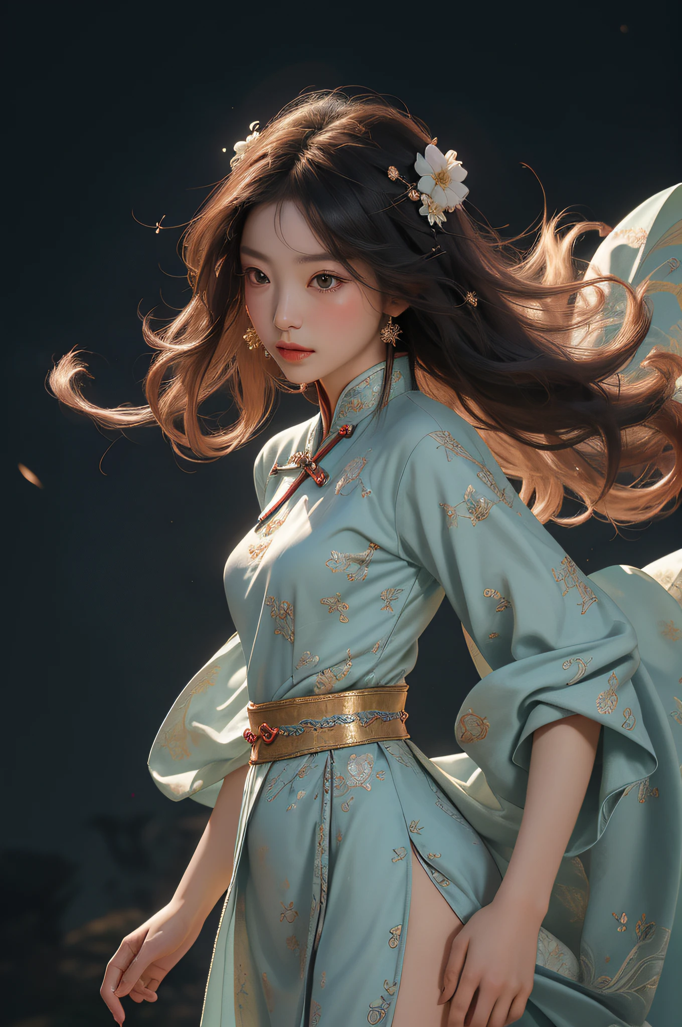 zhongfenghua,《chinesedragon》, 1girll, 独奏, Hanfu, ancient_chinese_architecture, flower field, blossoms, (White smoke:1.3) (realisticlying:1.4), Zen entanglement, datura, entangled, offcial art, Unity 8k壁纸, ultra - detailed, Beautiful and beautiful, tmasterpiece, best qualtiy, (dynamic angle:1.4), Glowing skin, (Floating colorful flashes:1)The most beautiful form of chaos,ellegance,Fauvistdesign,vivd colour,Romantic depth of field exotic_dance