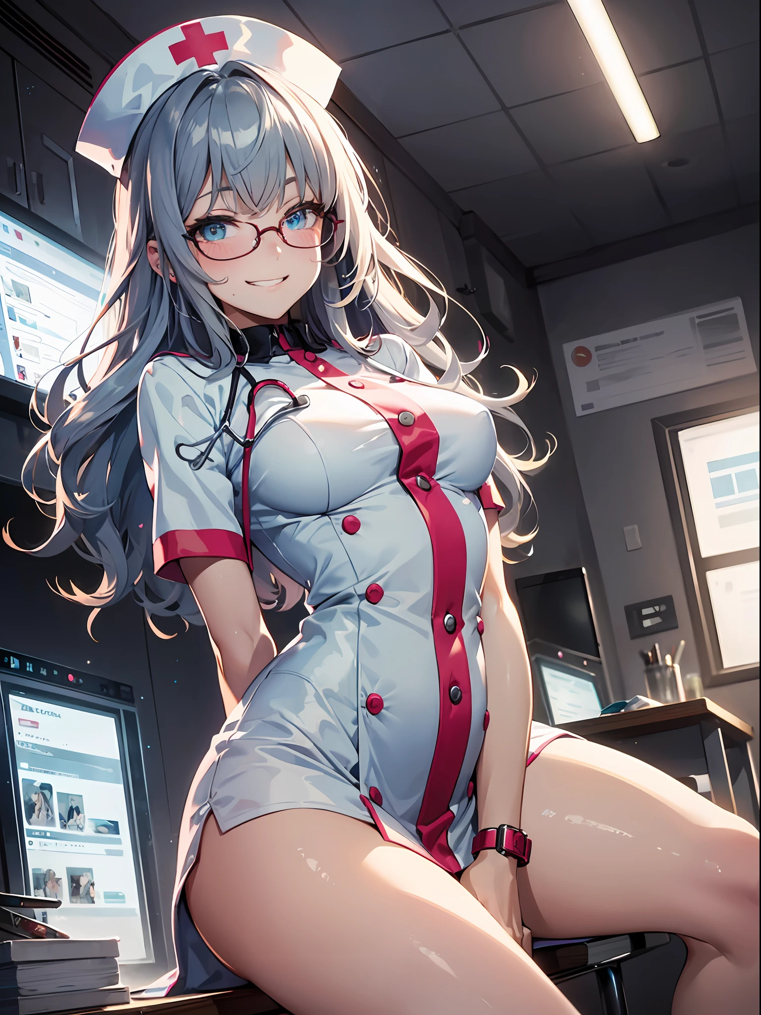 ((masterpiece)), ((Best Quality)), (Ultra-detailed), ((kawaii)), Cute, (lovely), ((Sexy)), (Ero), ((Extremely detailed)), 4K, (8K), Best Quality, (Beautiful), Illustration, Anime style, Painting, Riding in the dark, Dynamic Angle, full body, (from below looking up), Sit on an examination table (at a doctor's office), Open your legs, Gradation, full body focus, Dark examination rooms. suspicious atmosphere, sadistic streak Cute , 1girl, Solo, nurse costumes, nurse cap, Randomly selected hair color, Randomly selected beautiful colored eyes, ((Beautiful eyes)), White-skinned, Random hairstyle, Buttocks, Big breasts that are about to burst, glasses, Looking down on the other person and being ecstatic, (Smirk), evil grin, (blush), sparkling effect, Lens Flare, shiny-glistening, gleaming