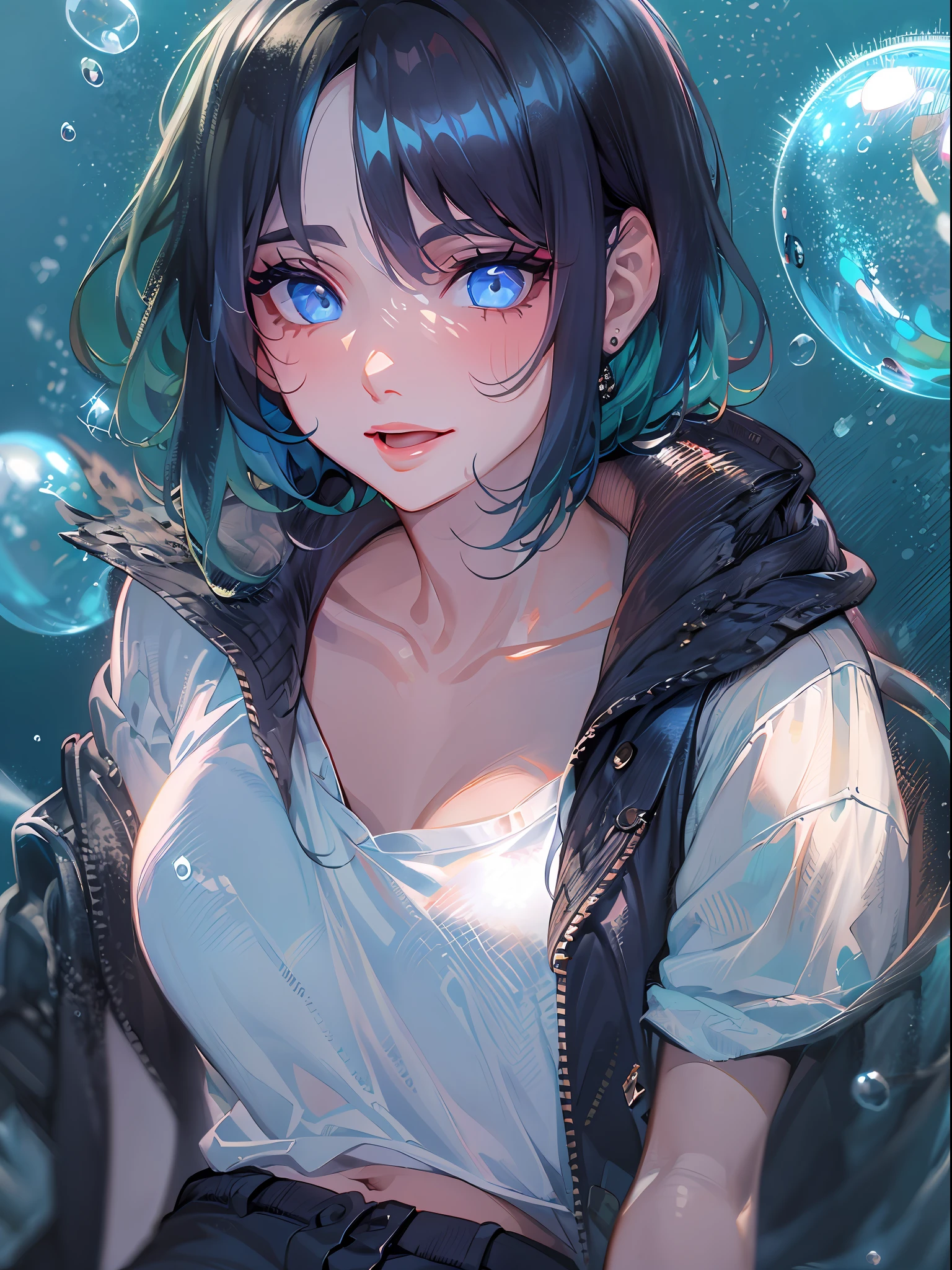 ((top-quality)), ((​masterpiece)), ((ultra-detailliert)), (extremely delicate and beautiful), girl with, 独奏, cold attitude,((Black jacket)),She is very(relax)with  the(Settled down)Looks,A dark-haired, depth of fields,evil smile,Bubble, under the water, Fantastical、Air bubble,bright light blue eyes,Inner color with black hair and light blue tips,Cold background,Bob Hair - Linear Art, shortpants、knee high socks、Camisole inner shirt、Hands in pockets