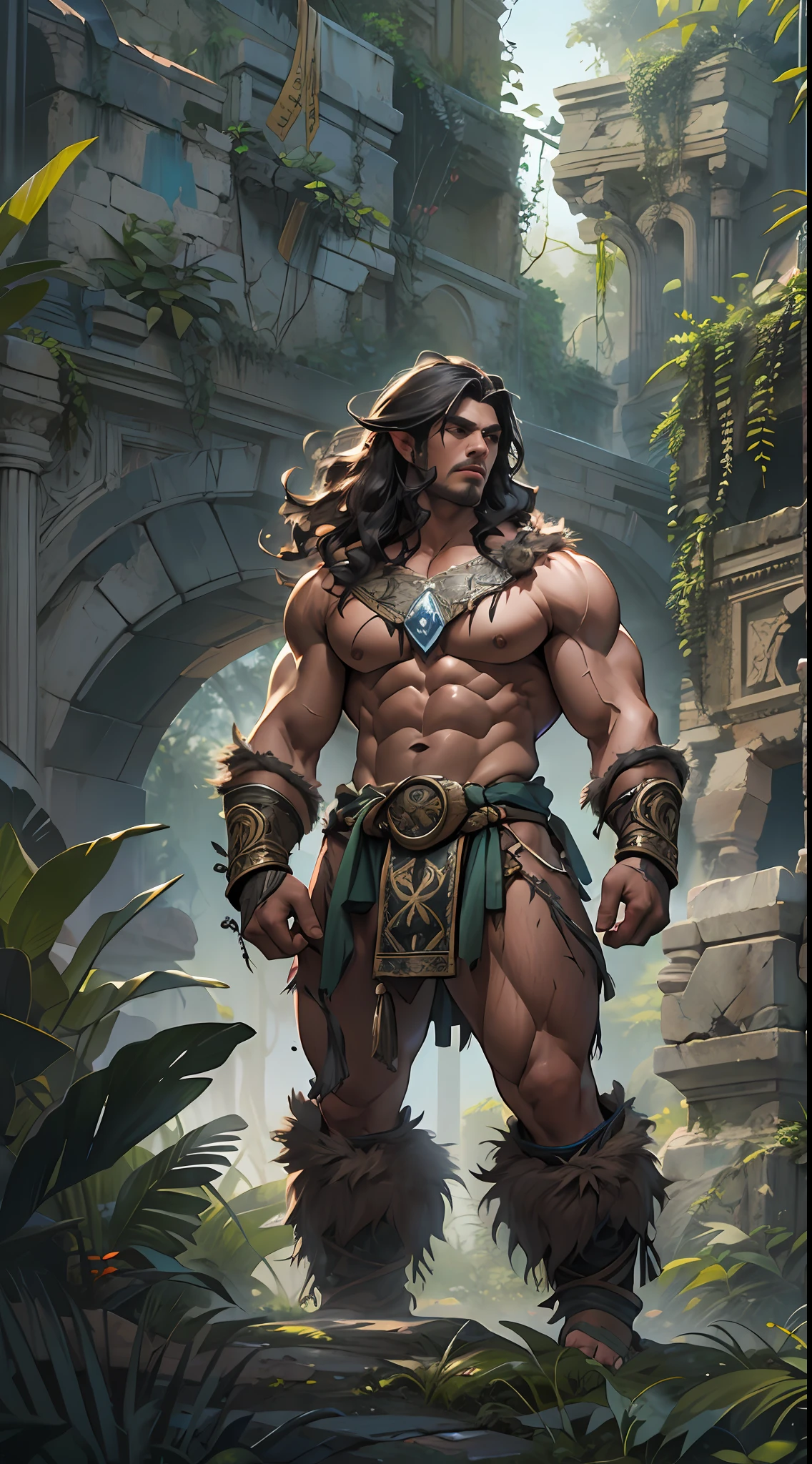 Muscular barbarian, partially upper body, lower body uncovered from thighs to feet,, long flowing curls, intricate muscular details, photorealistic artwork, 4K quality. Background: Dense jungle with ancient ruins,32k uhd, best quality, masterpiece, super detail, high details
