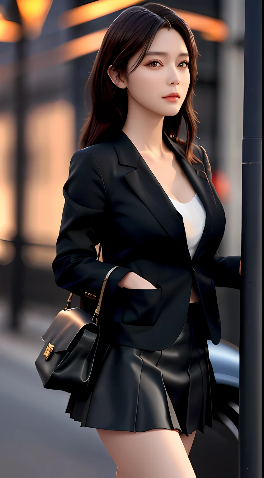 best quality, masterpiece, 1girl, Beautiful face, (photo realistic:1.3), rim lighting, (high detailed skin:1.2), 8k uhd, dslr, high quality, high resolution, 4k, 8k, Bokeh, absurdres, best ratio four finger and one thumb, (realistic:1.3), cute 1girl, wearing black formal blazer, medium breasts, short skirt,