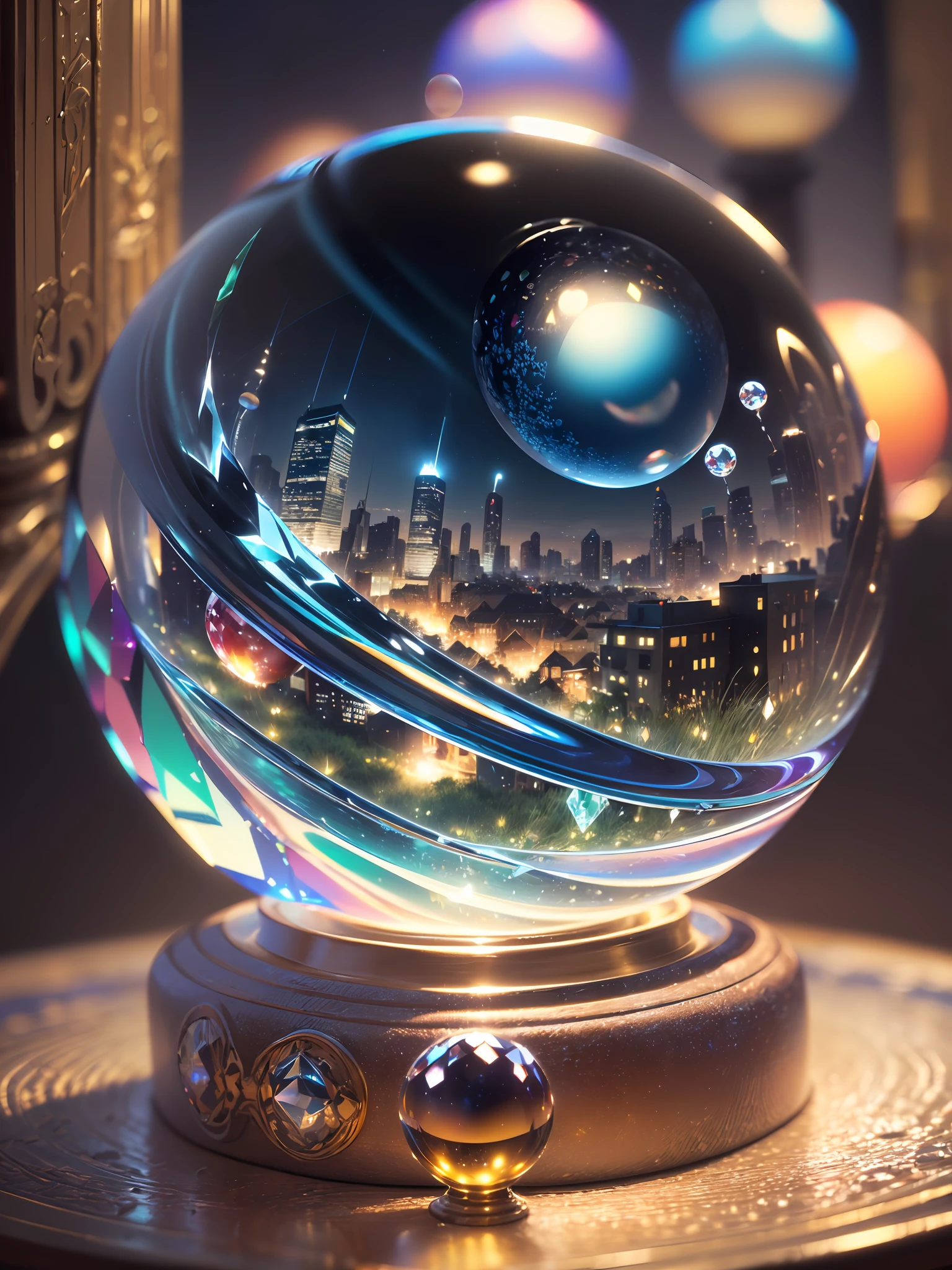 Hyper-realistic、16K High Resolution、(Maximum Sharp Focus:1.3)、(Maximum Close-up:1.5)、(Single crystal ball with pedestal on table:1.5)、(Large bokeh background、blue back light:1.3) 、(Meadow at night、city light:1.5)