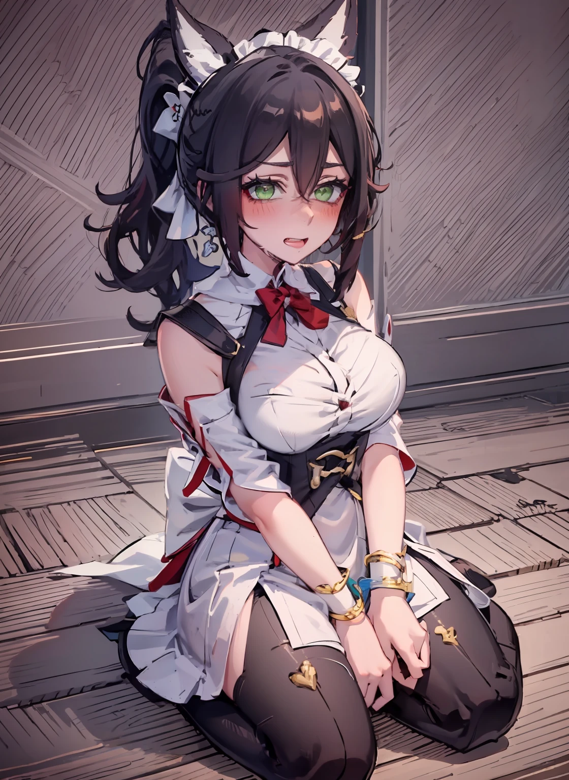 (Full Body: 1.2), 1girl, official, green eyes, love in eyes, double ponytail, bow hairpins, blushing, shyness, drooling, rolling eyes, white bow tie, maid outfit, long sleeves, miniskirt, big breasts