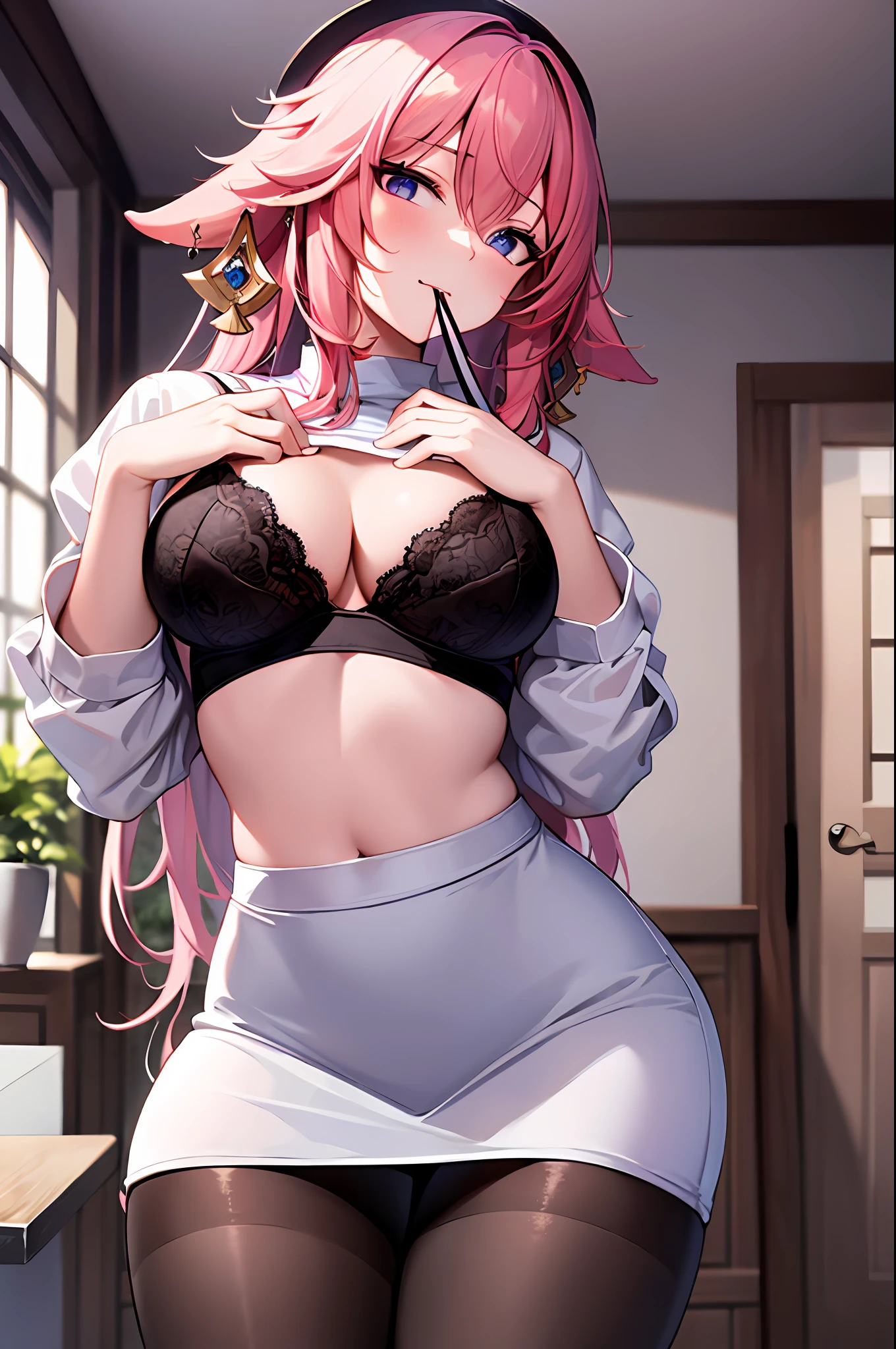((masterpiece, best quality)),8k,indoor ,1yae miko,mouth_hold,(white shirt:1.2) ,looking at viewer,slim waist,black bra, use pantyhose