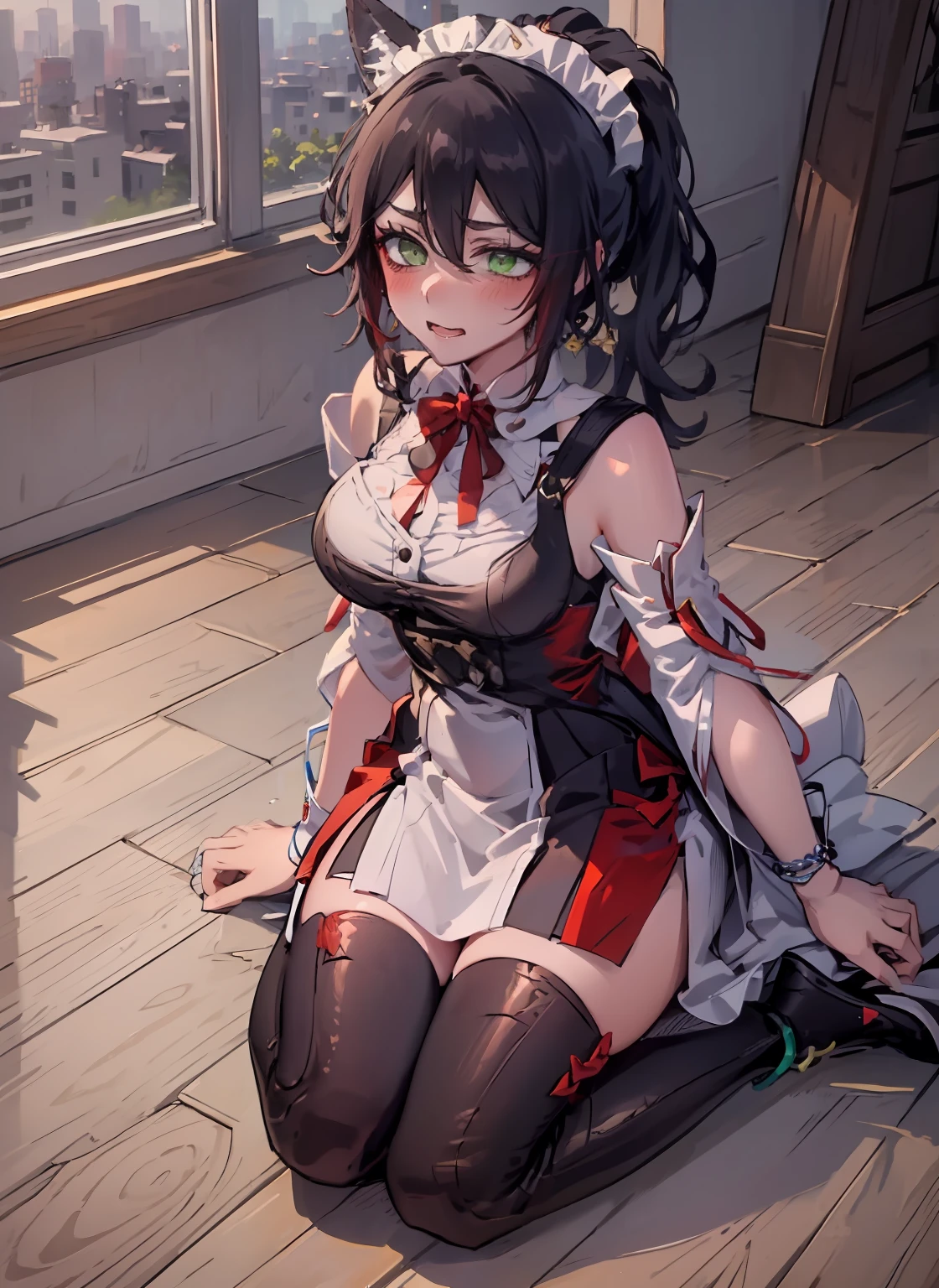 (Full Body: 1.2), 1girl, official, green eyes, love in eyes, double ponytail, bow hairpins, blushing, shyness, drooling, rolling eyes, white bow tie, maid outfit, long sleeves, miniskirt, big breasts
