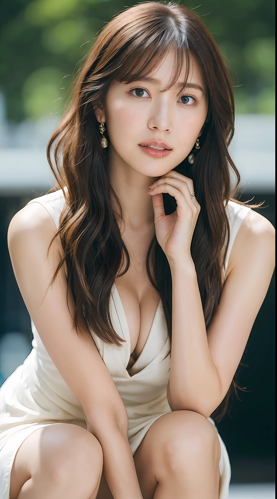 ((best quality, 8k, masterpiece: 1.3)), sharp: 1.2, perfect body beauty: 1.4, slender abs: 1.2, ((layered hairstyle, big breasts: 1.2)), (bandeau dress white: 1.1 ), city streets: 1.2, highly detailed facial and skin textures, detailed eyes, double eyelids, long brown hair, thin dress, hands behind, squatting, slightly revealing panties, revealing cleavage.