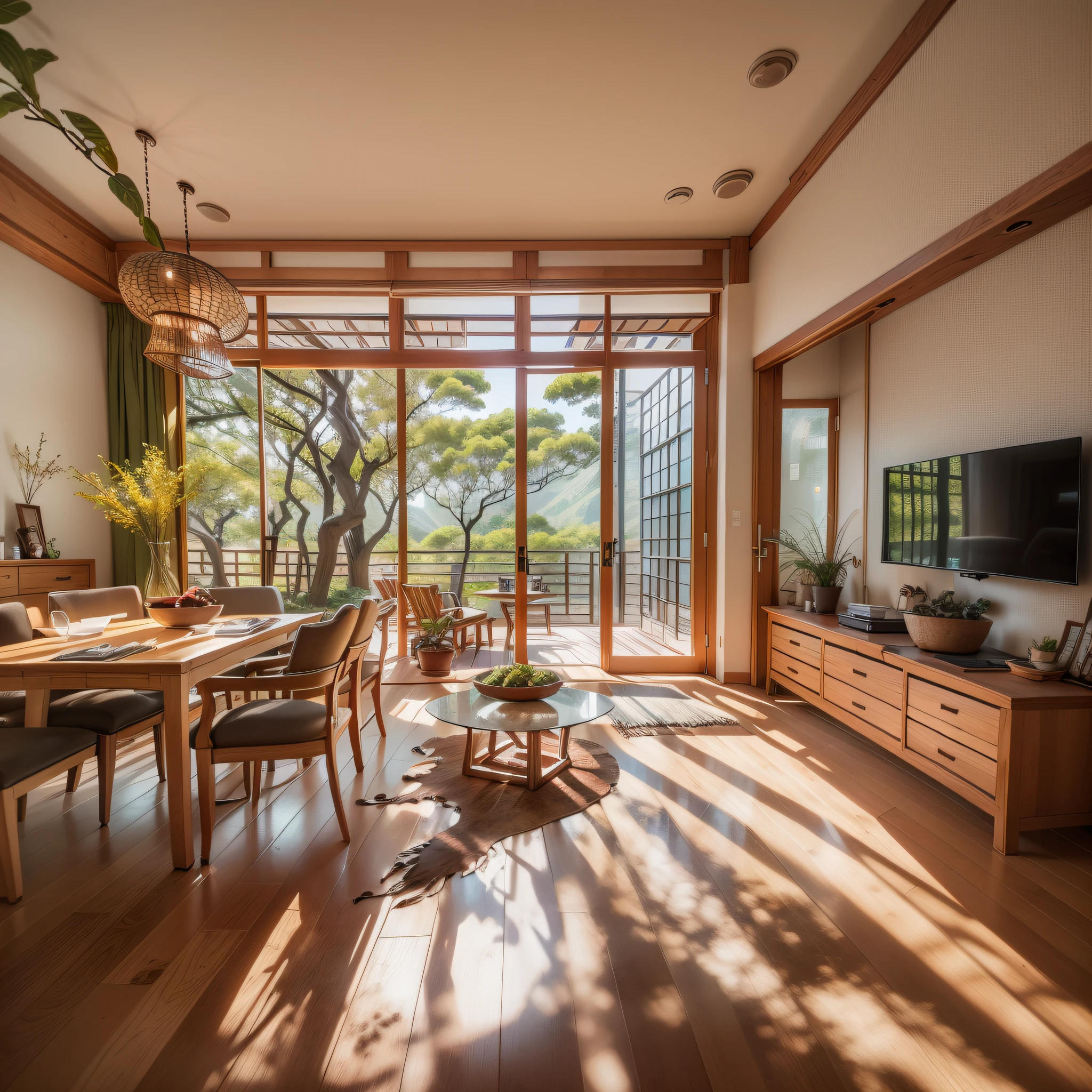interior design、Insanely detailed wide-angle architectural photo、Cozy contemporary living room、(Bright and warm sunlight 1:0.1)、Award-winning contemporary interior design、landscapes、The table、a chair、in a house、Wooden flooring、window、resturant、east asian east asian architecture、sliding paper doors、abajour、architectural、the woods、naturey、cups、a plant、interior design、Insert lighting and shadows、depth of fields、low illuminance、