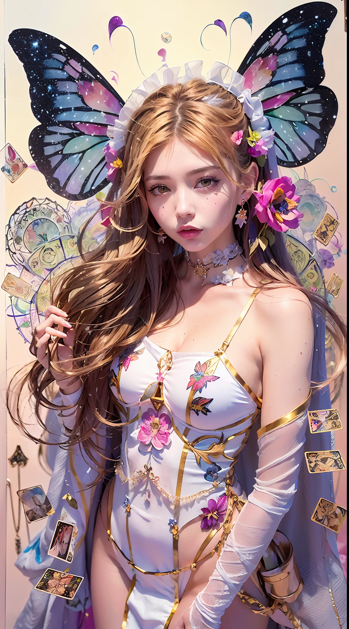 (Golden Ratio: 1.2),(Rose Graffiti:1.2),(Fault Color:1.3),[(White:1.4)::10],(Full-body:1.2),(Ultra Detail:1.3),(Tarot:1.6),(Magician:1.6),(Magician: Tarot): 1.6), (Paper: 1.2), (Fairy: 1.6), (Fairy Wings: 1.2), Full body, standing in the air, (Cool: 1.2), (Red Long Hair),(Butterfly Hair Ornament),( Floral Hair Ornament: 1.0),((Sandals,Rocket)),(Colorful Cocktail Long Dress:1.0)+ (Loose Sleeve Coat:1.3)+(Floating Colorful Tassel and Ribbon: 1.2),(White Stockings: 1.2),(Multicolored Ink Paper Flowers Growing on Face:1.2),(Colorful Flower Sea:1.3),(Chaotic Geometric Image:1.3 ), (Negative space: 0.8), (Drawing board: 1.3), (Ether Colorful Ink Flow: 1.3)
