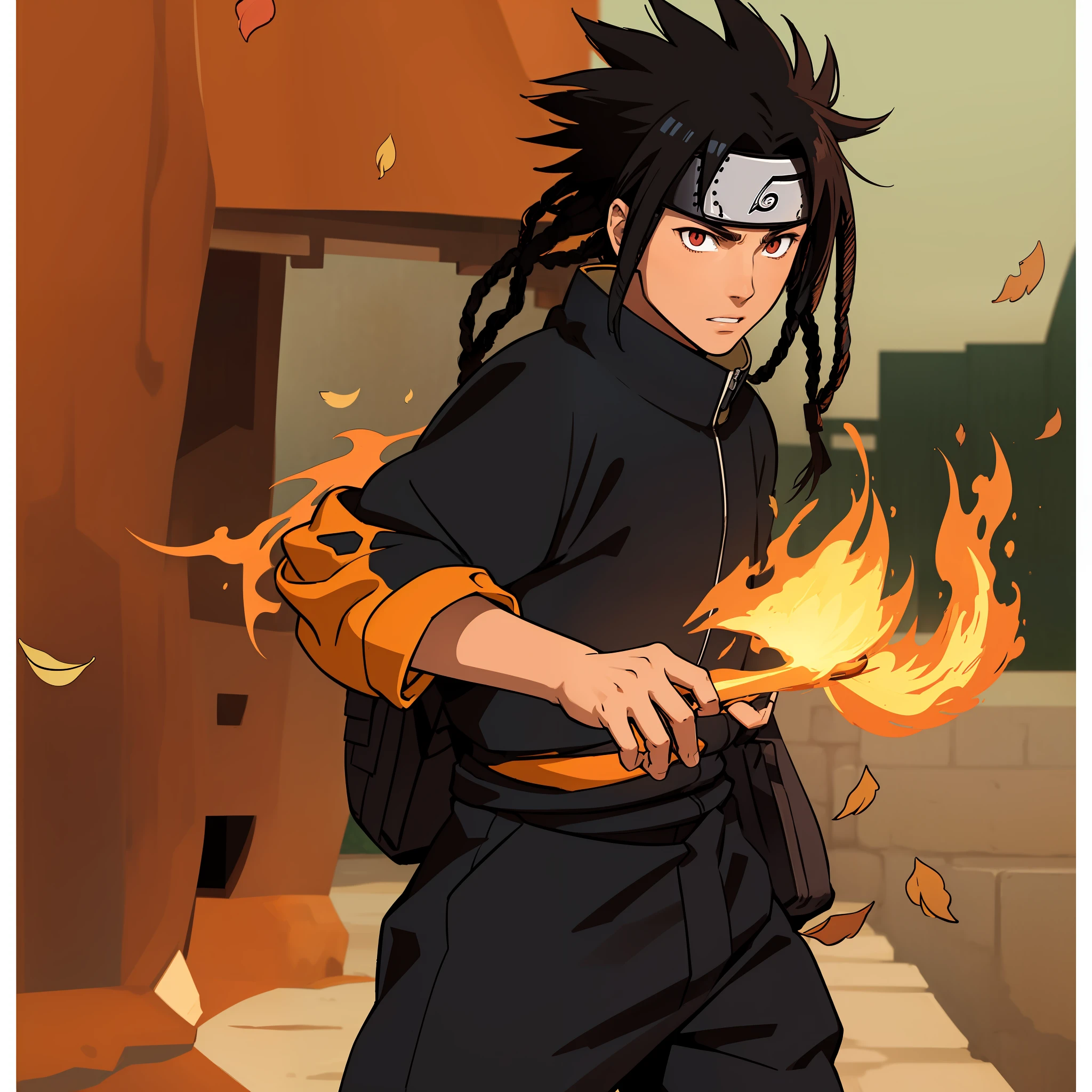 Fire jutsu, leaf village shinobi, dread locks, black male, sharigan eyes