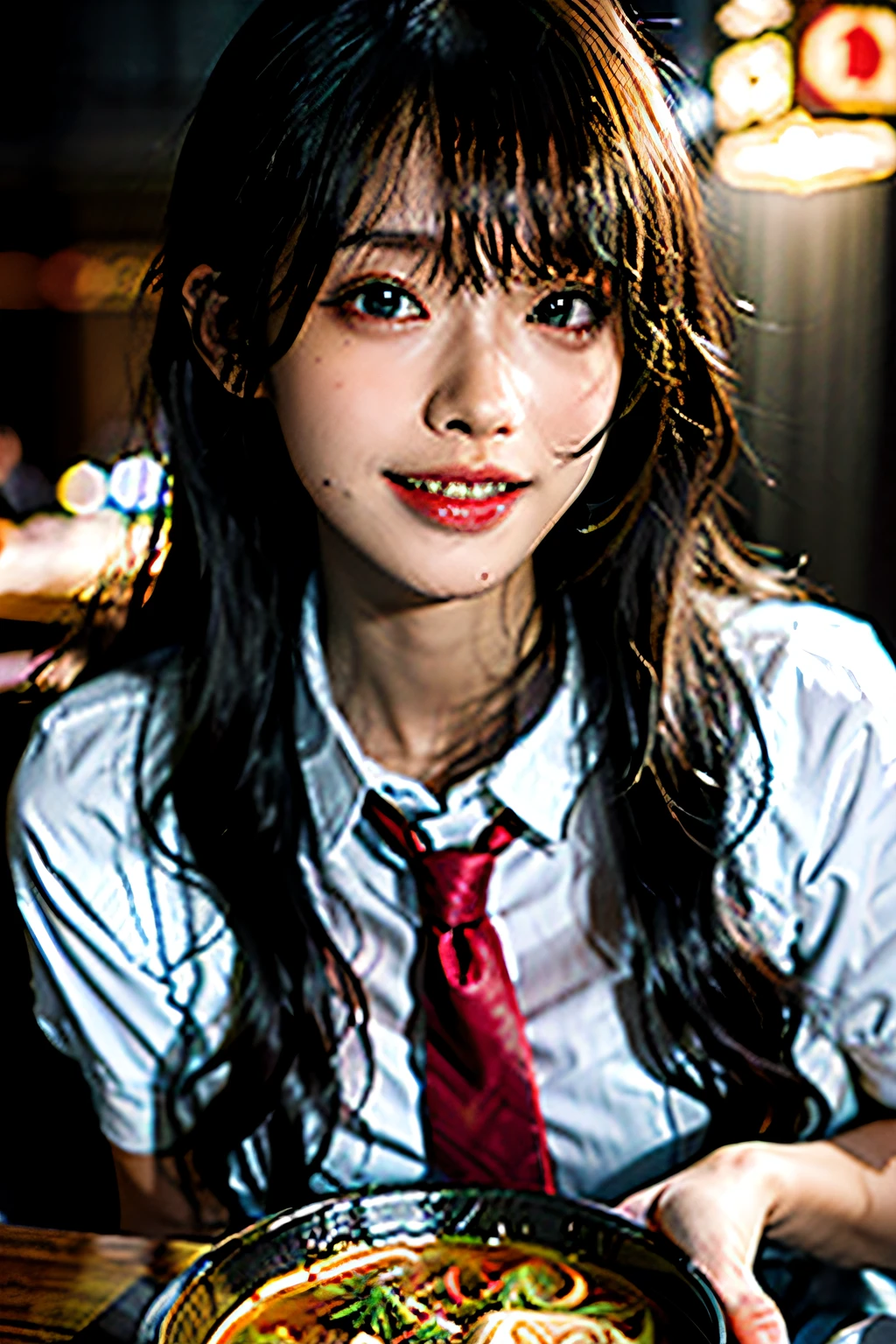 (masterpiece), best quality, ultra high res, close up, slim body, 1girl,school uniform, long hair, laughing, ramen, night, Tokyo restaurant background, colorful lights, photon mapping, radiosity, physically-based rendering, cinematic lighting, intricate, High Detail, Sharp focus, dramatic, photorealistic