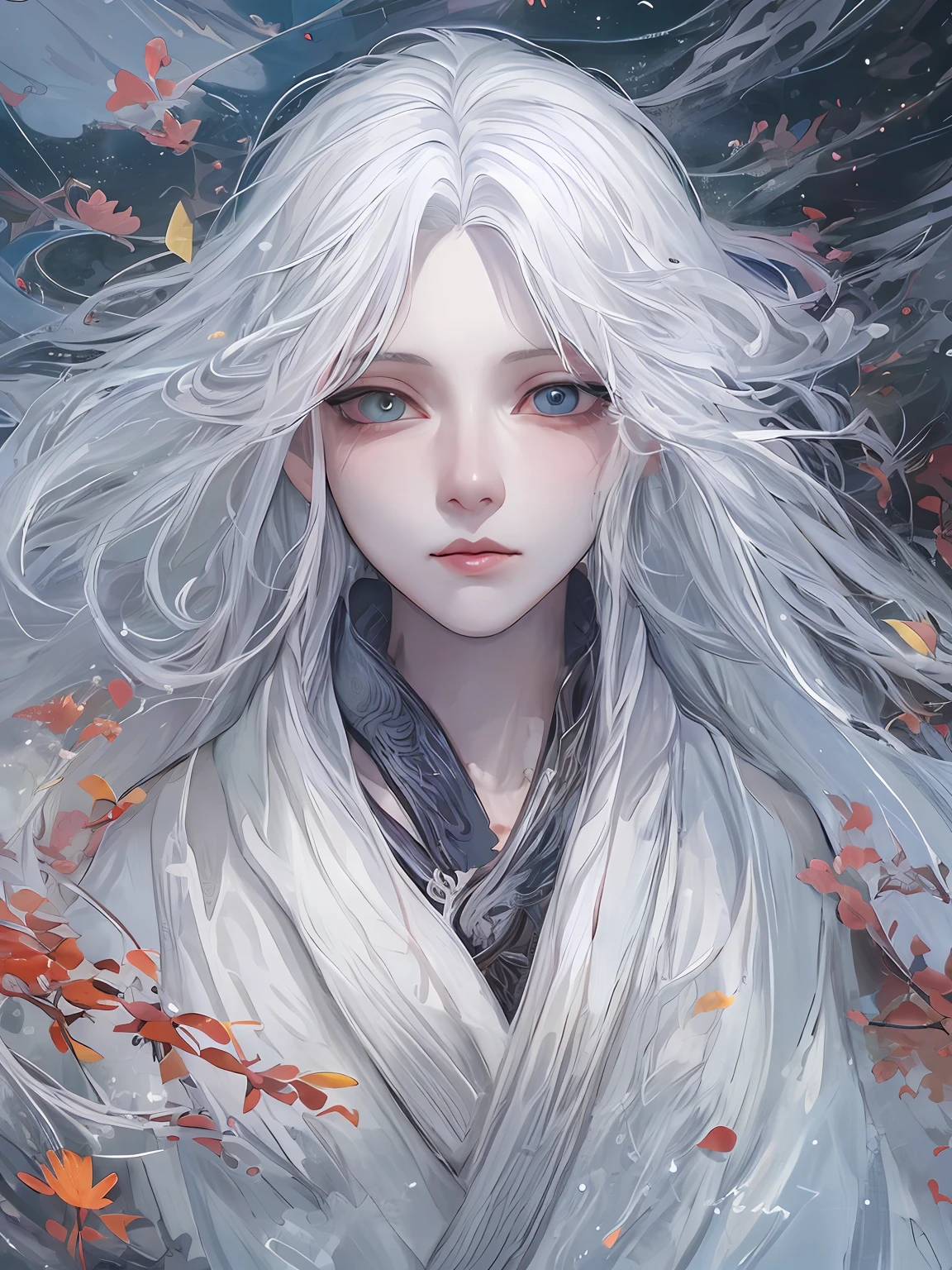 A pixiv competition winner, fantasy art, white-haired god, beautiful character painting, guvez style artwork, dazzling gaze of Yuki Onna, guweiz, long white hair, flowing hair and robes, cute big eyes, illustrations, fine lines, deep color
