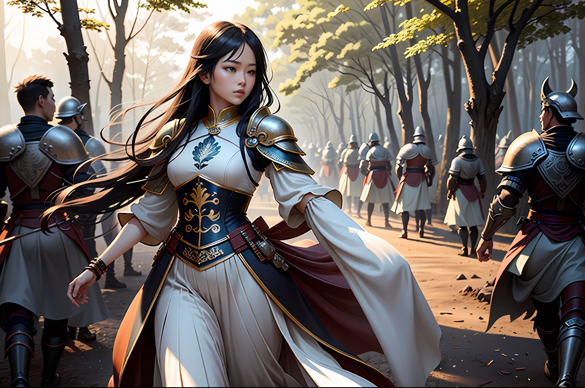 (Manhwa Style),(Line art:2)Delicate and neat,(Chinese female warrior in armor,Fight a large group of barbarians in the forest,The battle was fierce:1.3),(tmasterpiece,top-quality,best qualtiy),extremely detailed background,well-composed,Good anatomy,Perfect litthing,Good shadows,(Realistis:1.3),The lines are intricate,The colors are naturally soft,The scene was great,in the background, A lot of barbarians rushed in