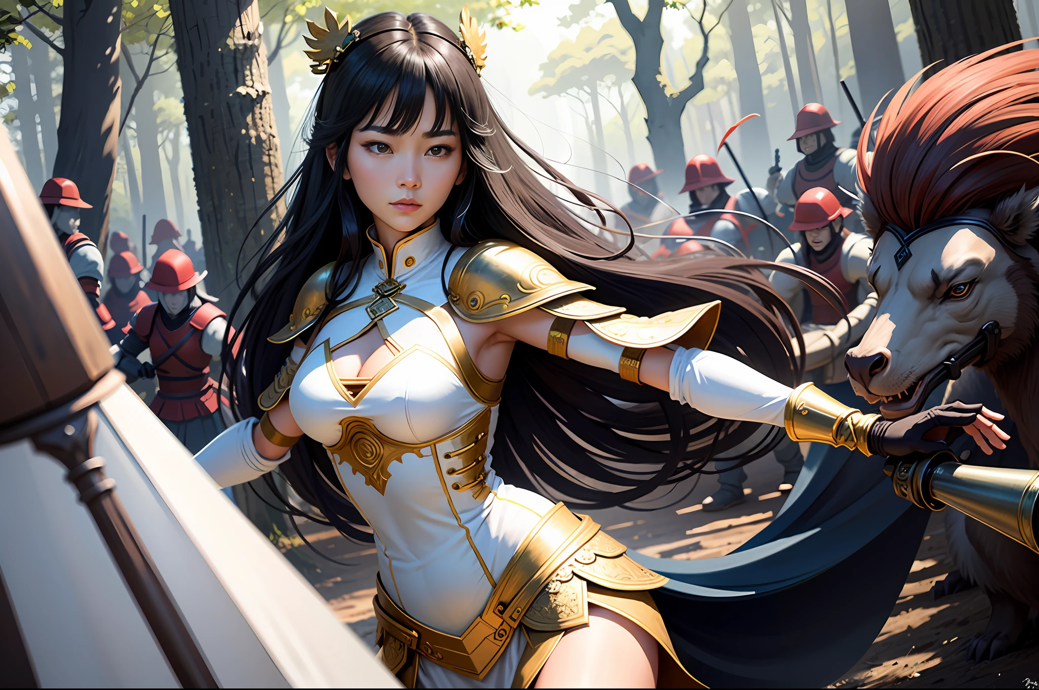 （Manhwa Style），（Line art：2）Delicate and neat，（Chinese female warrior in armor，Fight a large group of barbarians in the forest，The battle was fierce：1.3），（tmasterpiece，top-quality，best qualtiy），extremely detailed background，well-composed，Good anatomy，Perfect litthing，Good shadows，（Realistis：1.3），The lines are intricate，The colors are naturally soft，The scene was great，in the background, A lot of barbarians rushed in