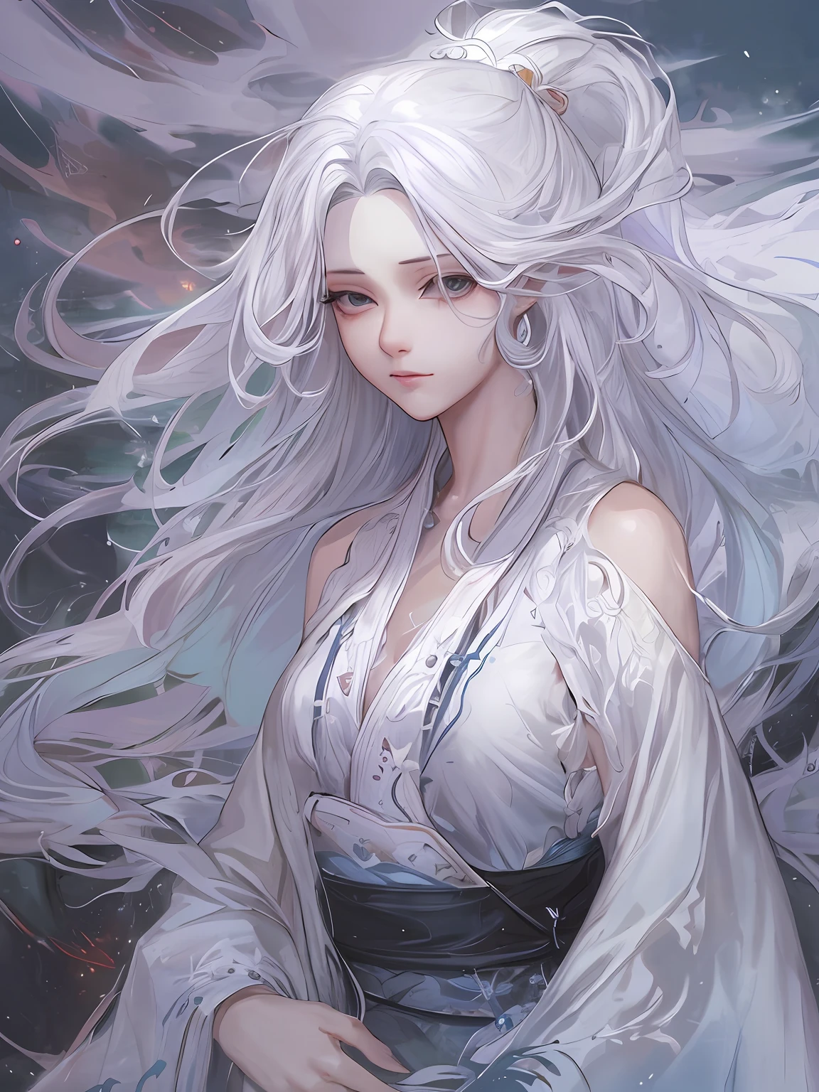 A pixiv competition winner, fantasy art, white-haired god, beautiful character painting, guvez style artwork, dazzling gaze of Yuki Onna, guweiz, long white hair, flowing hair and robes, cute big eyes, illustrations, fine lines, deep color
