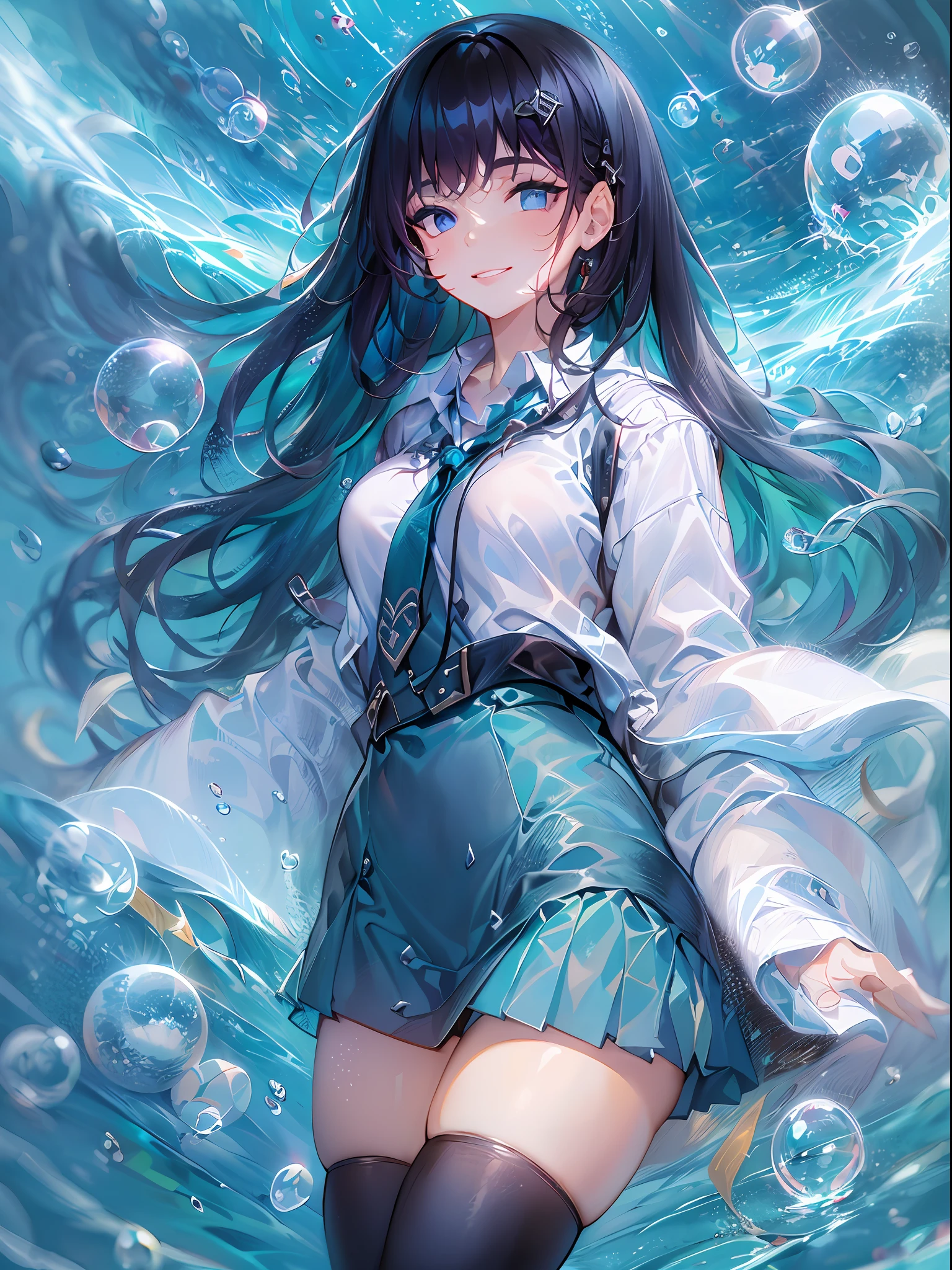 ((top-quality)), ((​masterpiece)), ((ultra-detailliert)), (extremely delicate and beautiful), girl with, 独奏, cold attitude,((Black jacket)),She is very(relax)with  the(Settled down)Looks,A dark-haired, depth of fields,evil smile,Bubble, under the water, Air bubble,bright light blue eyes,Inner color with black hair and light blue tips,Cold background,Bob Hair - Linear Art, shortpants、knee high socks、White uniform like school uniform、Light blue ribbon ties、Clothes are sheer、Hands in pockets