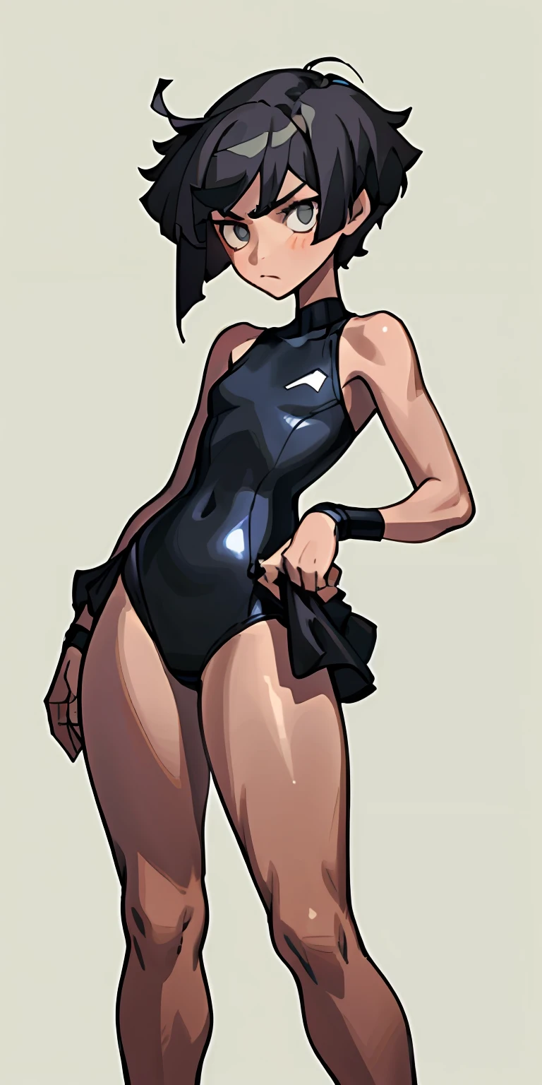 （Best quality at best，tmasterpiece），1girll，Short hair girl，Tomboyish，Tomboyish，Black color hair，Sunburn，Gel coat，black reotard，High-fork swimsuit，High fork gel coating，Slim attire，nakeness，Bare with thighs，Plump thighs，Slender body，minimalistic background