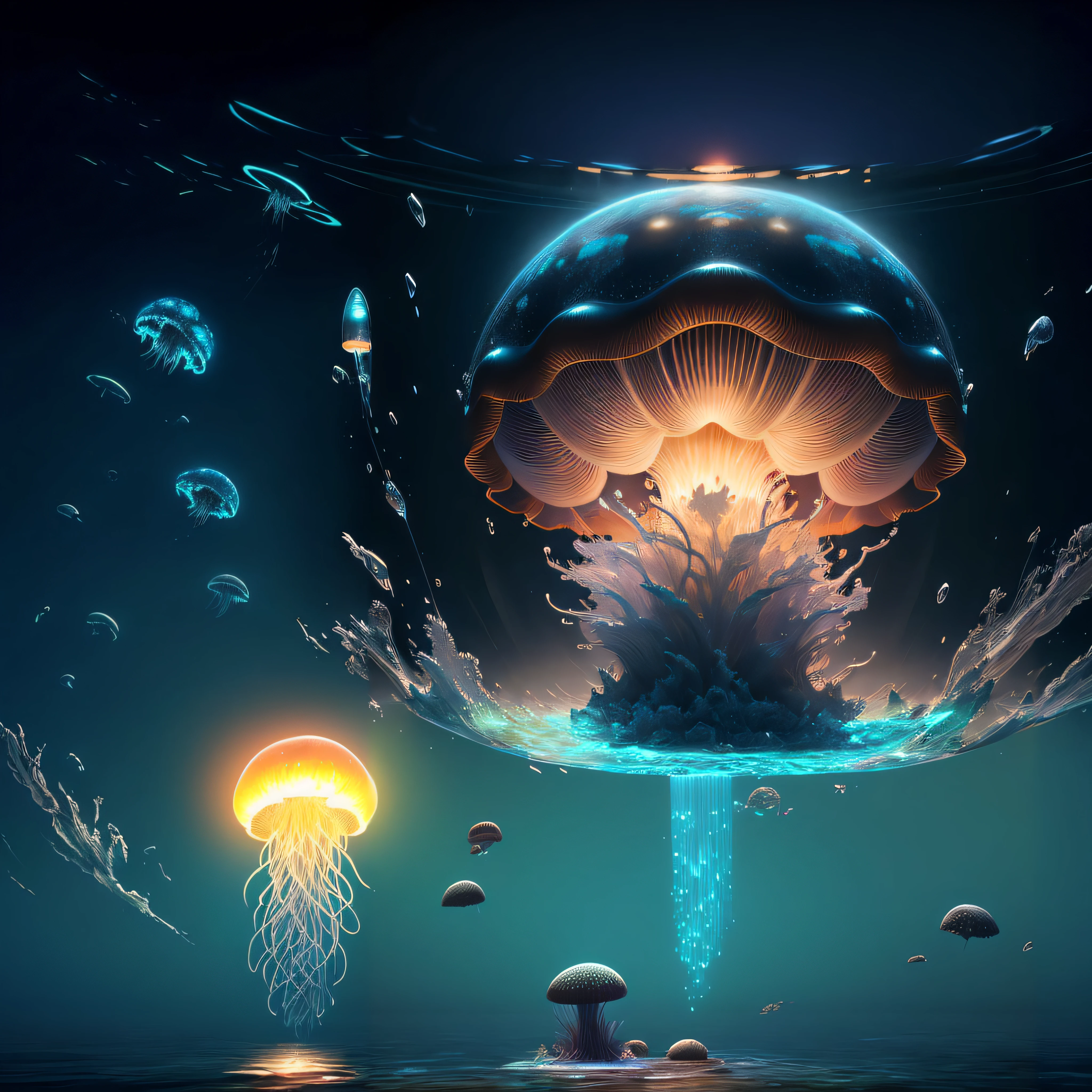 Illustration of a mushroom cloud floating on the surface of the water, cyberpunk jellyfish, 4k highly detailed digital art, 4K HD wallpapers very detailed, space jellyfish, 3D digital art 4K, Beautiful art UHD 4 K, Digital artwork 4 K, Beautiful digital artwork, 8K HD wallpaper digital art, 4K detailed digital art, 8K stunning artwork