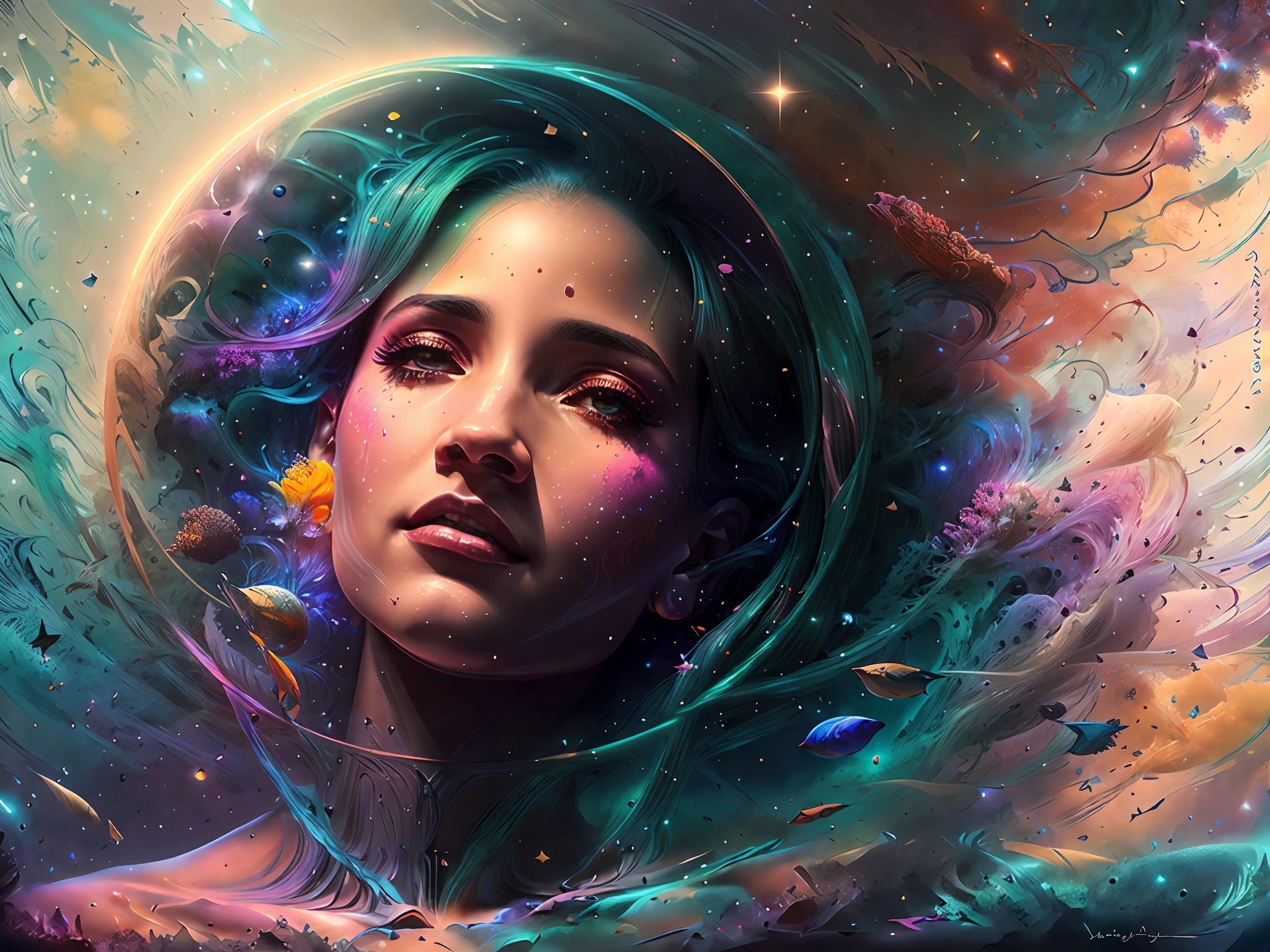 Uma linda mulher presa dentro de uma bolha colorida vagando pelo universo, detalhes intrincados, arte de fantasia, arte premiada