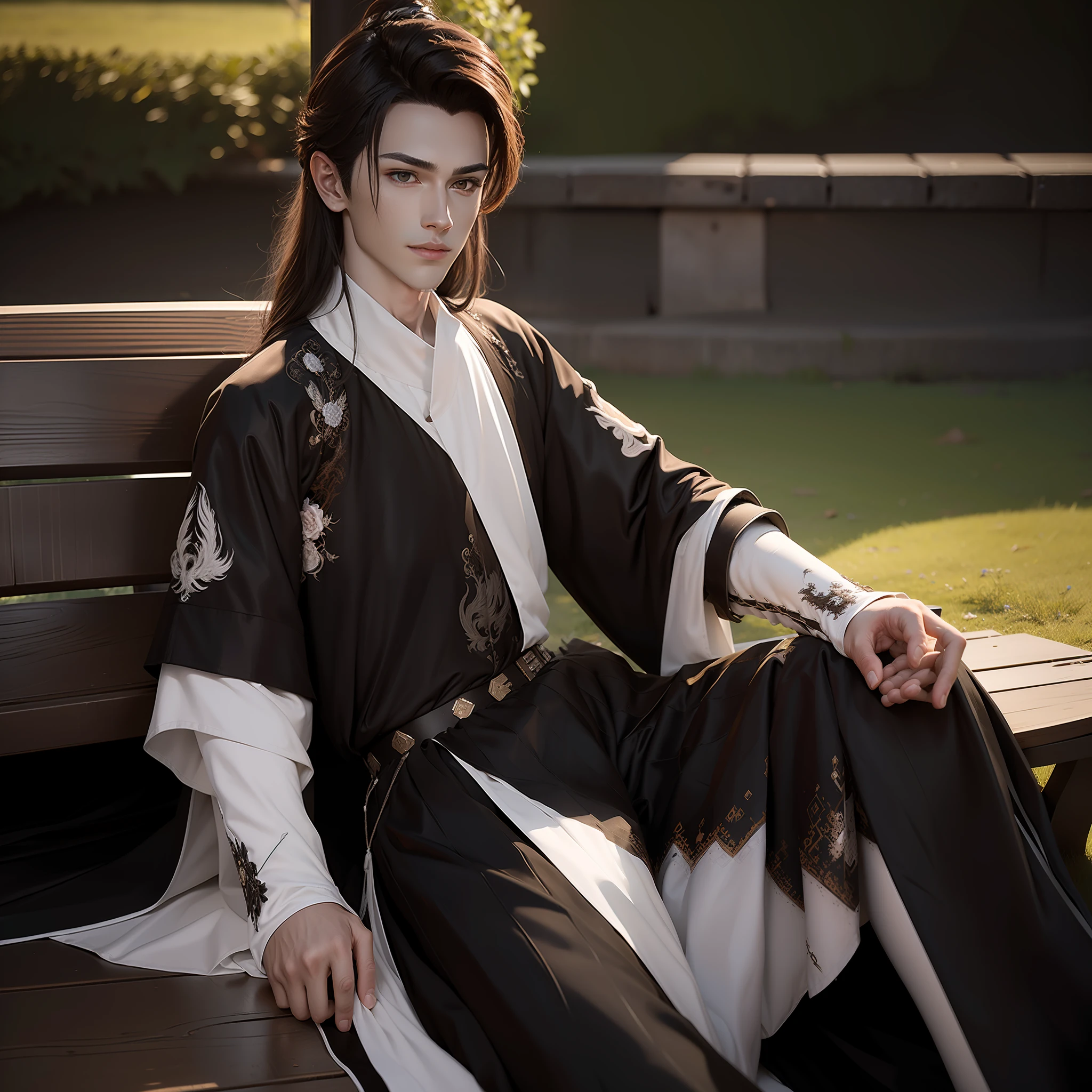 (absurdres, highres, ultra detailed, HDR), masterpiece, best quality, 1boy, solo, handsome, dark brown hair, finely eye and detailed face, black shirt, white shorts, (pale and white skin), look at viewer, ear piecing, sitting on bench, sit cross legged, park in background