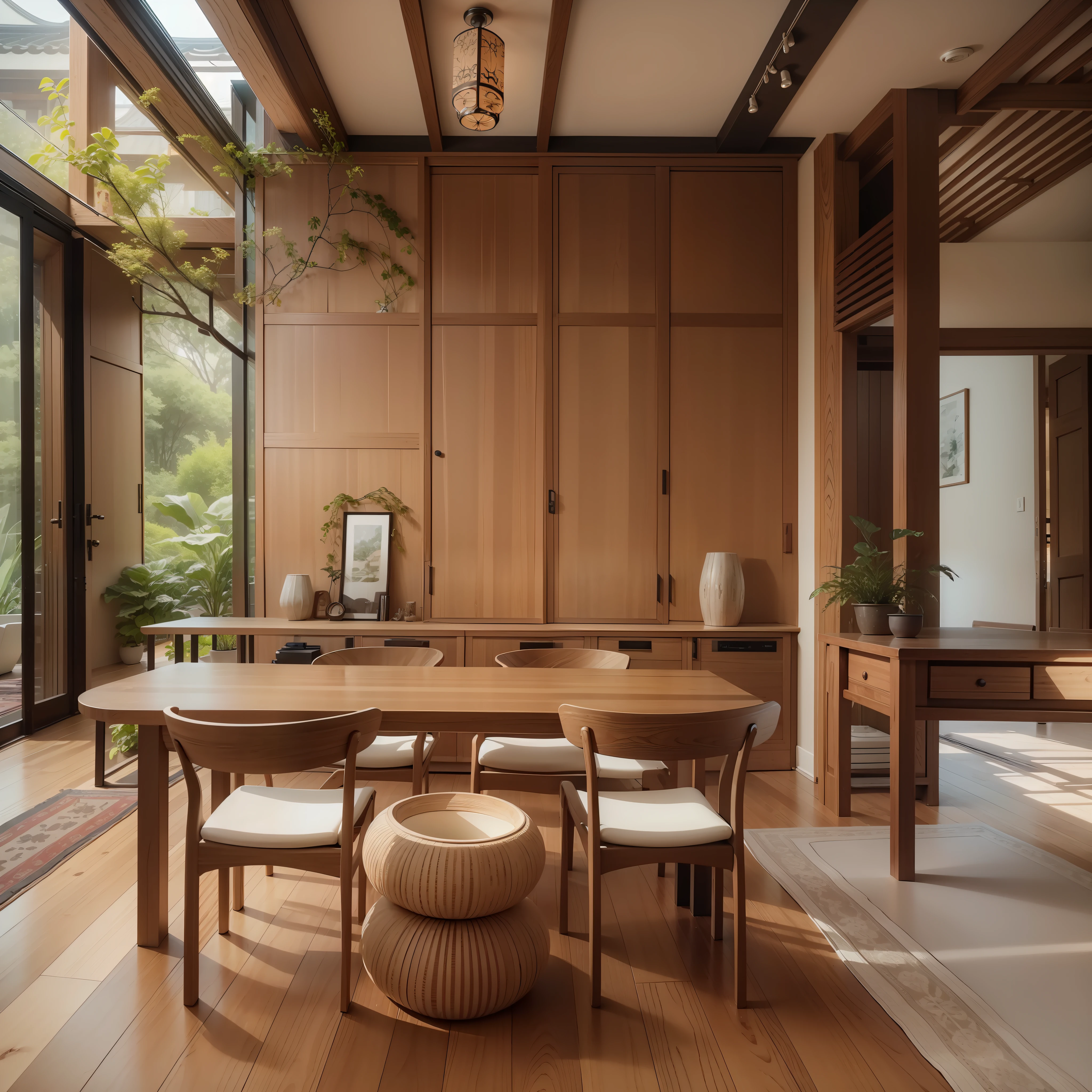 interior design、Insanely detailed wide-angle architectural photo、Cozy contemporary living room、(Bright and warm sunlight 1:0.1)、Award-winning contemporary interior design、landscapes、The table、a chair、in a house、Wooden flooring、window、resturant、east asian east asian architecture、sliding paper doors、abajour、architectural、the woods、naturey、cups、a plant、interior design、Insert lighting and shadows、depth of fields、low illuminance、