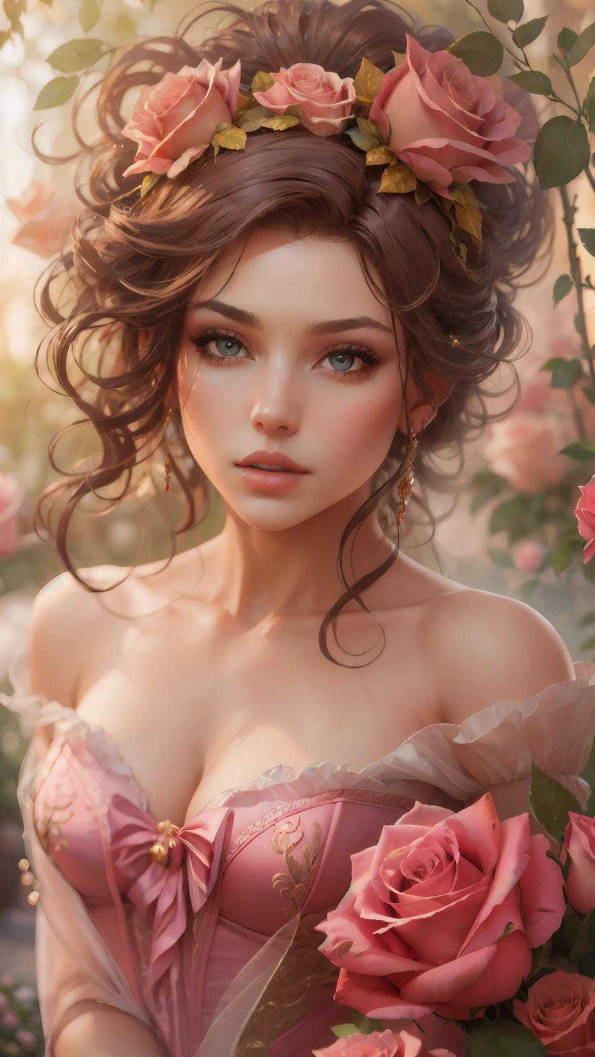 This is realistic fantasy artwork set in the castle's enchanted rose garden. Generate a proud woman with a highly detailed face dressed in the billowing folds of a stunning French silk ballgown. The woman's sweet face is ((((highly detailed, with realistic features and soft, puffy lips.)))) The ballgown is embellished with ruffles, sashes, and bows and a delicately, but intricately, hand-embroidered bodice. The corset features silk ribbon. The woman's stunning eyes are beautifully detailed, featuring realistic shading and multiple colors and high resolution. The woman is in a garden of eternal roses, each one beautifully formed and highly detailed. These realistic roses feature shimmering shades of pink, yellow, orange, and glimmering red. The eternal rose is a deep shade of red with shimmering pink overtones and undertones. Ensure that the woman's face, hair, and eyes are perfect. realism, high fantasy, whimsical fantasy, storybook fantasy, fairytale fantasy, fantasy details, enchanting, bewitching, 8k, hires, cgi, digital painting, unity, unreal engine, (((masterpiece))), intricate, elegant, highly detailed, majestic, digital photography, art by artgerm and ruan jia and greg rutkowski, (masterpiece, finely detailed beautiful eyes: 1.2), hdr, realistic skin texture, (((1woman))), (((solo))), Include a highly detailed face, extremely detailed face, and interesting background.