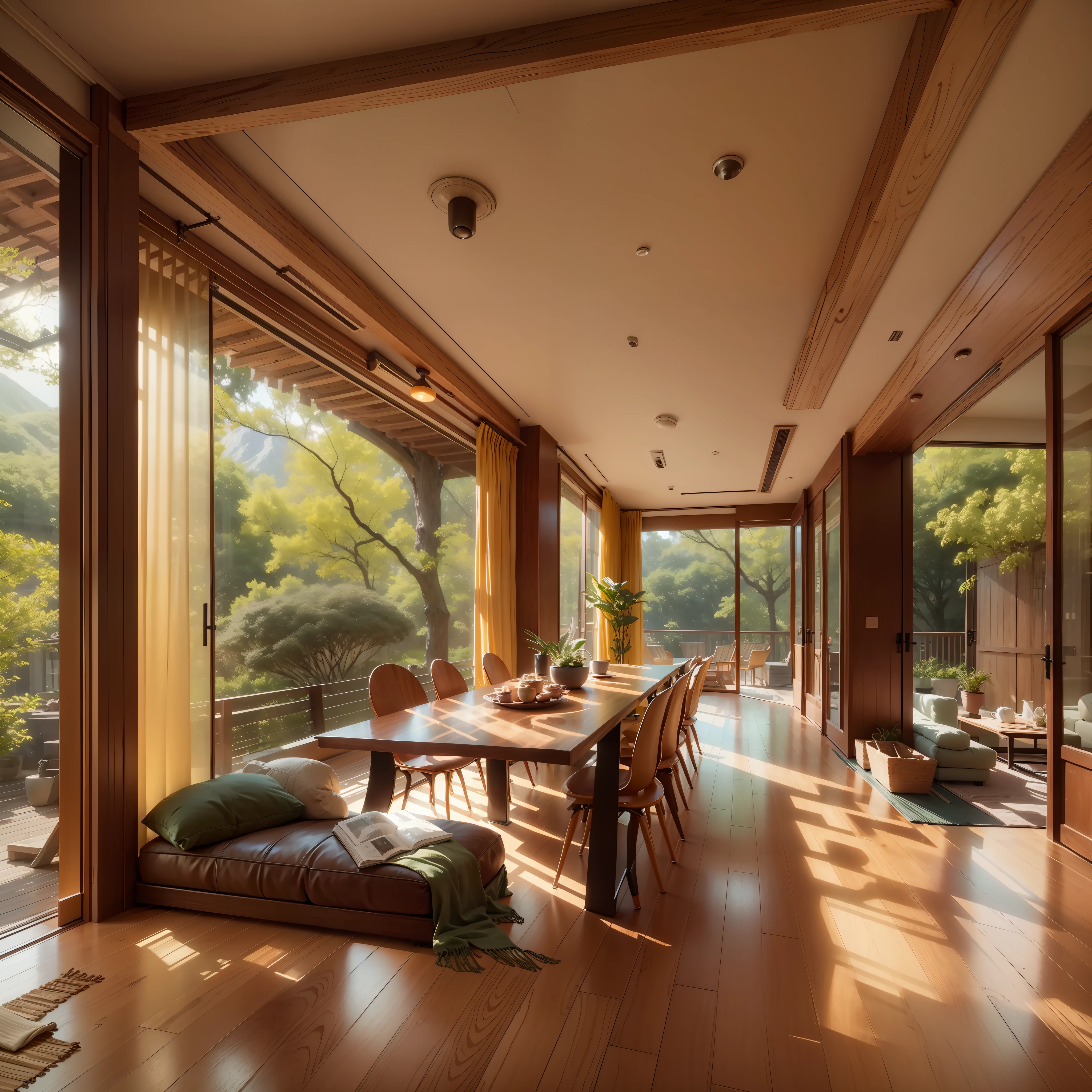 interior design、Insanely detailed wide-angle architectural photo、Cozy contemporary living room、(Bright and warm sunlight 1:0.1)、Award-winning contemporary interior design、landscapes、The table、a chair、in a house、Wooden flooring、window、resturant、east asian east asian architecture、sliding paper doors、abajour、architectural、the woods、naturey、cups、a plant、interior design、Insert lighting and shadows、depth of fields、low illuminance、