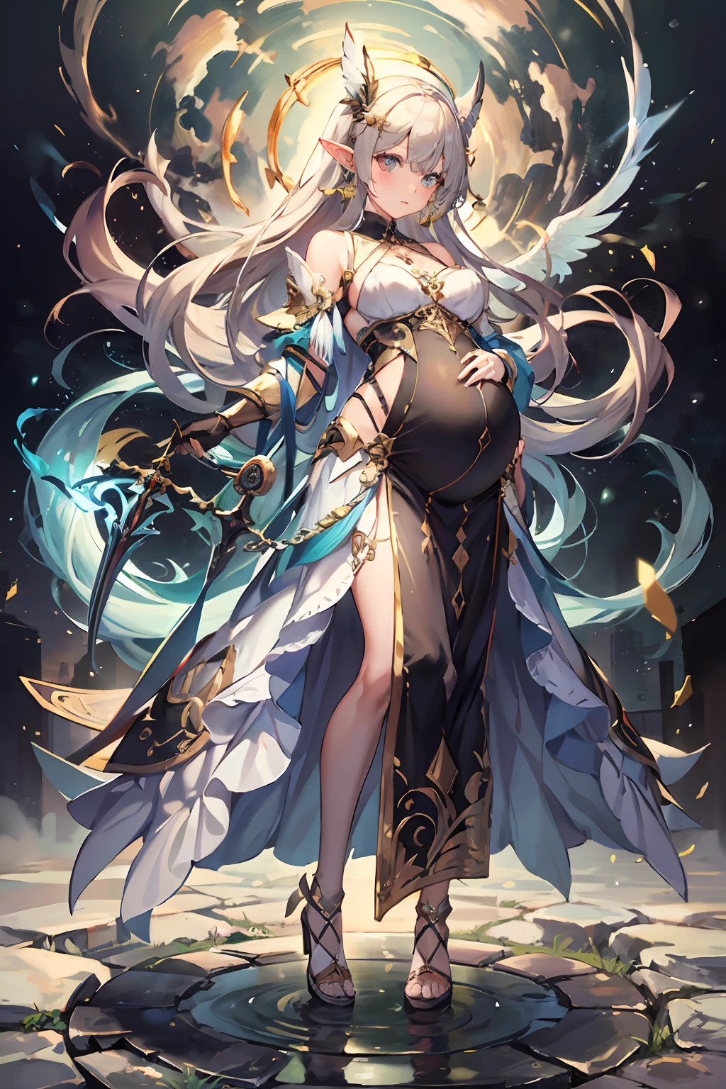 （（4k，tmasterpiece，best qualtiy）），maxiskit，dress conservatively 1 girl，独奏，full bodyesbian，Wide shot，standing on your feet，clutching a sword，whaite hair，long whitr hair，elvish ears，valkyrie，armour，angelicales，White bra，side bang，from the front side，Oversized body，natta，mont，looki at viewer，Pregnant belly, maternity attire for pregnant women，maternity dress，pregnant belly，Pregnant belly