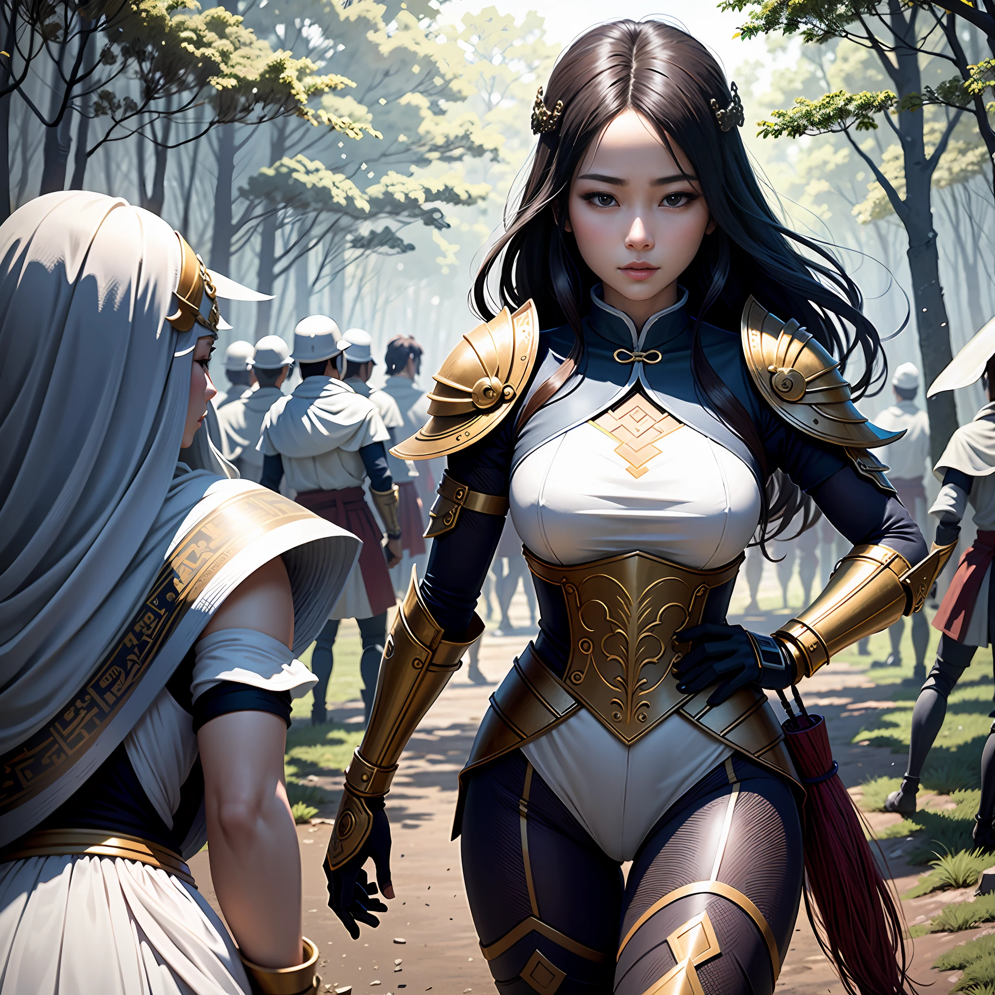 （Manhwa Style），（Line art：2）Delicate and neat，（Chinese female warrior in armor，Fight a large group of barbarians in the forest，The battle was fierce：1.3），（tmasterpiece，top-quality，best qualtiy），extremely detailed background，well-composed，Good anatomy，Perfect litthing，Good shadows，（Realistis：1.3），The lines are intricate，The colors are naturally soft，The scene was great，in the background, A lot of barbarians rushed in