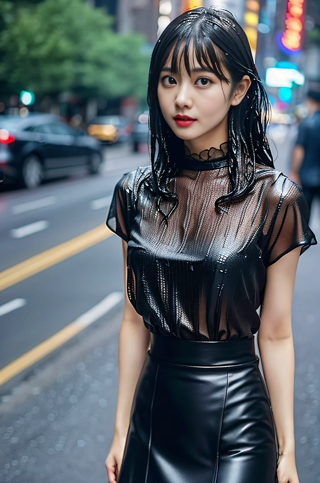 ((1 female: 1.5)), (anatomically correct proportions), (attractive proportions), ((whole body: 2)), detailed face, detailed hair, detailed skin, ((small Face: 1.2)), thin waist, (big breasts), ((1 screen)), 8K, RAW shot, highest quality, ((masterpiece)), realistic photo, shot above the knee, (Japanese Beautiful face like an actress), 18 years old, (((on the street in the near-future city where it is raining: 1.5))), (in the city where neon signs are beautiful: 1.5), ((standing in the rain) Beautiful woman)), ((body soaking wet)), ((sheer tight blouse is (wet))), ((wet (sticking to the skin) blouse: 1.5)), no bra, ((bright Colored (tight) blouse)), ((tight skirt is (wet): 1.5)), (((wet hair: 1.8))), (((wet bangs: 1.8))), ( confused look)