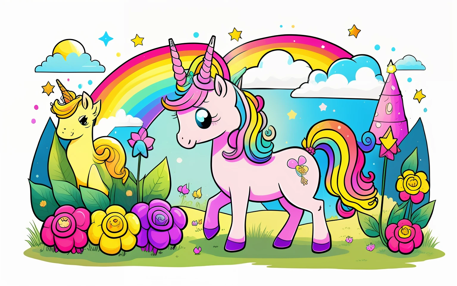Arte vectorial de un lindo y feliz unicornio kawaii solitario rodeado de un marco para retraro fantastico, flores, Destellos, colorido, warm, chozas de hadas, libro para colorear, for children