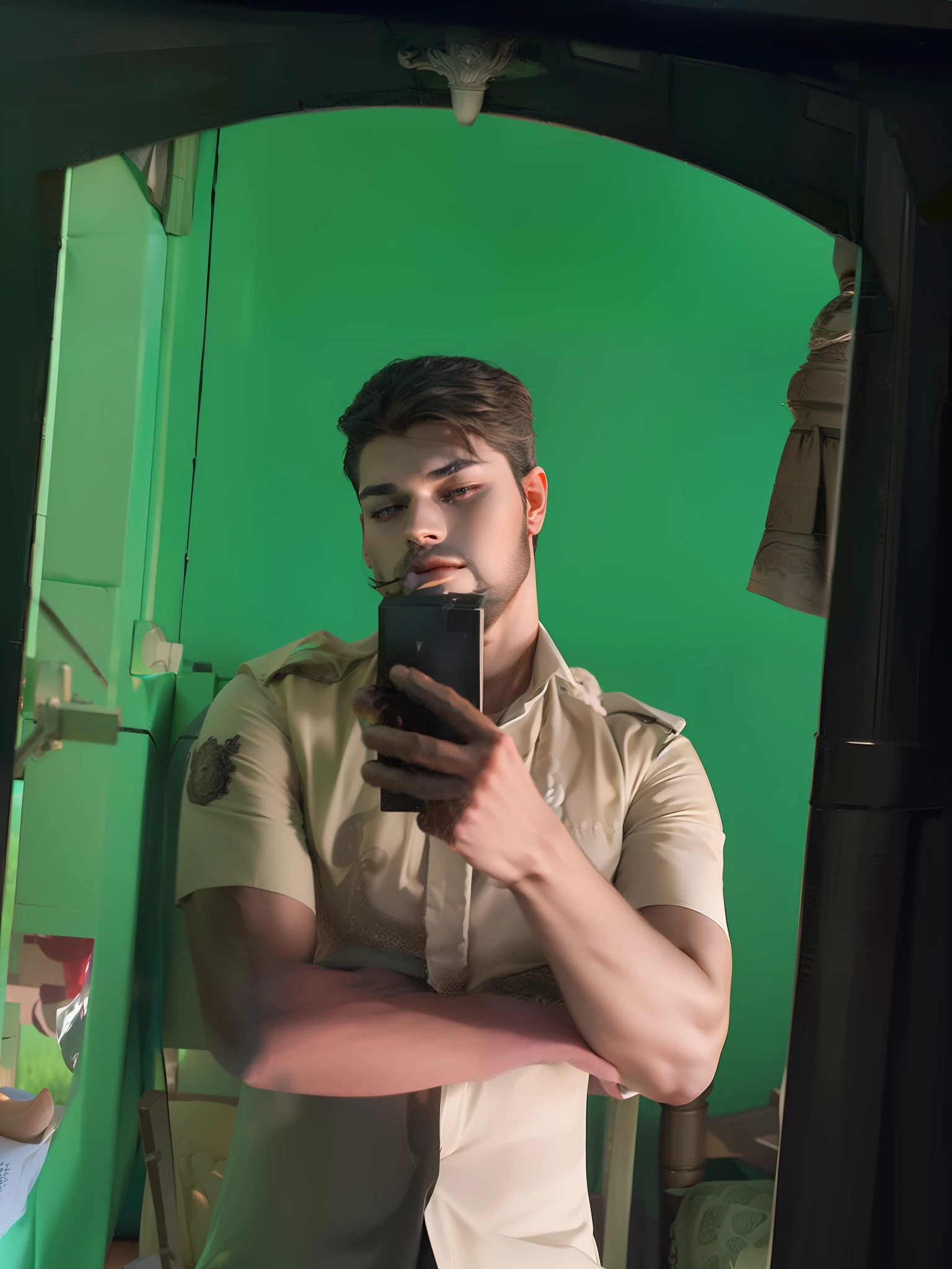 (absurdres, highres, ultra detailed, HDR), masterpiece, best quality, 1boy, solo, handsome, dark brown hair, finely eye and detailed face, black shirt, white shorts, (pale and white skin), look at viewer, ear piecing, sitting on bench, sit cross legged, park in background