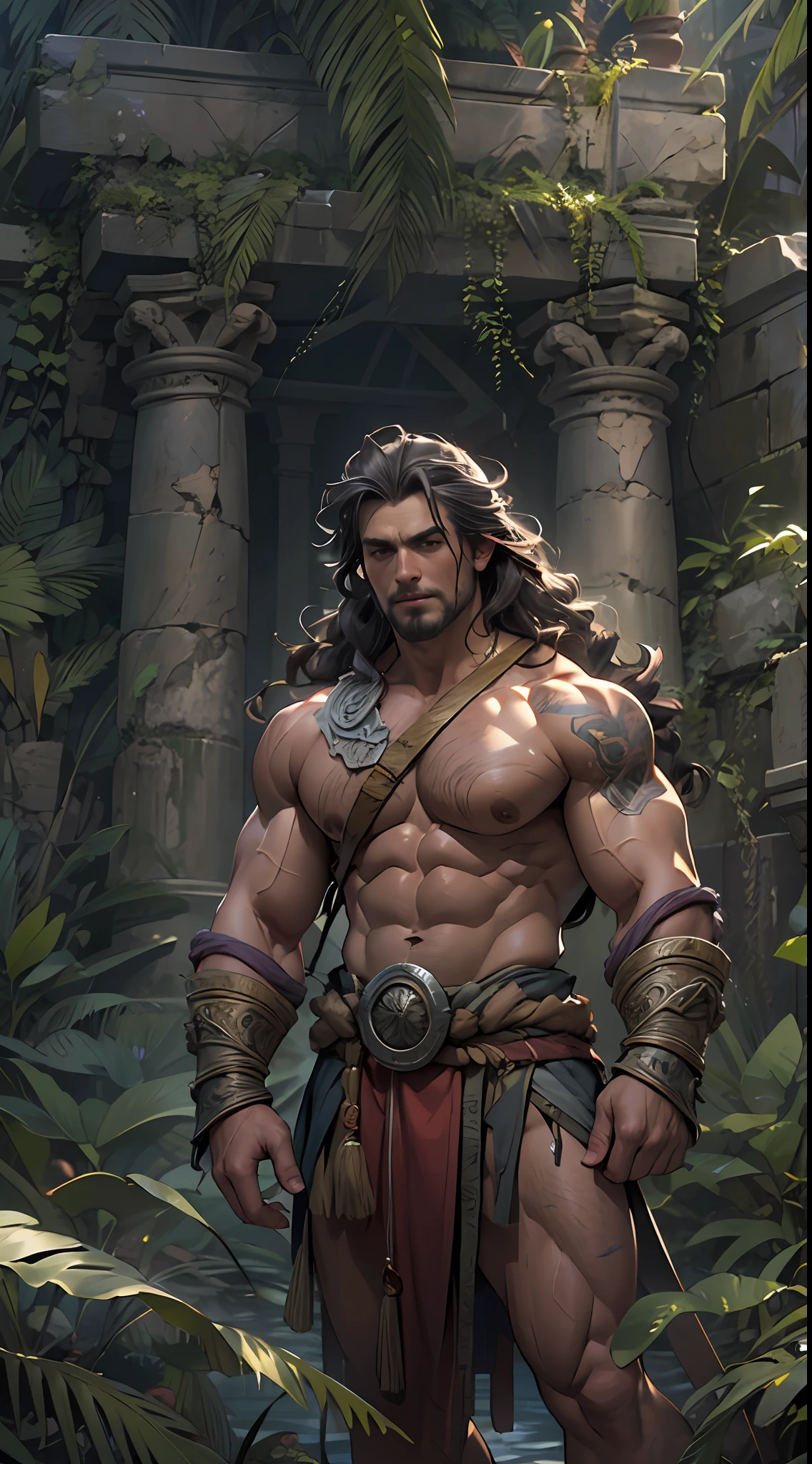 Muscular barbarian, partially upper body, lower body uncovered from thighs to feet,, long flowing curls, intricate muscular details, photorealistic artwork, 4K quality. Background: Dense jungle with ancient ruins,32k uhd, best quality, masterpiece, super detail, high details