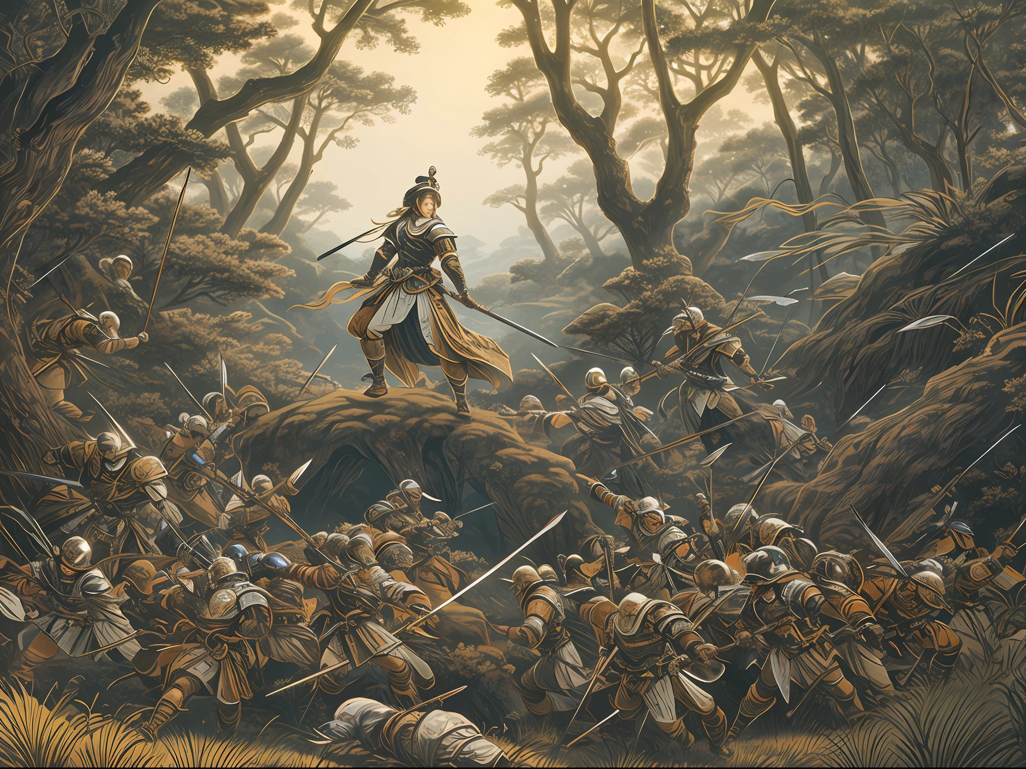 （Manhwa Style），（Line art：2）Delicate and neat，（Chinese female warrior in armor，Fight a large group of barbarians in the forest，The battle was fierce：1.3），（tmasterpiece，top-quality，best qualtiy），extremely detailed background，well-composed，Good anatomy，Perfect litthing，Good shadows，（Realistis：1.3），The lines are intricate，The colors are naturally soft，The scene was great，in the background, A lot of barbarians rushed in