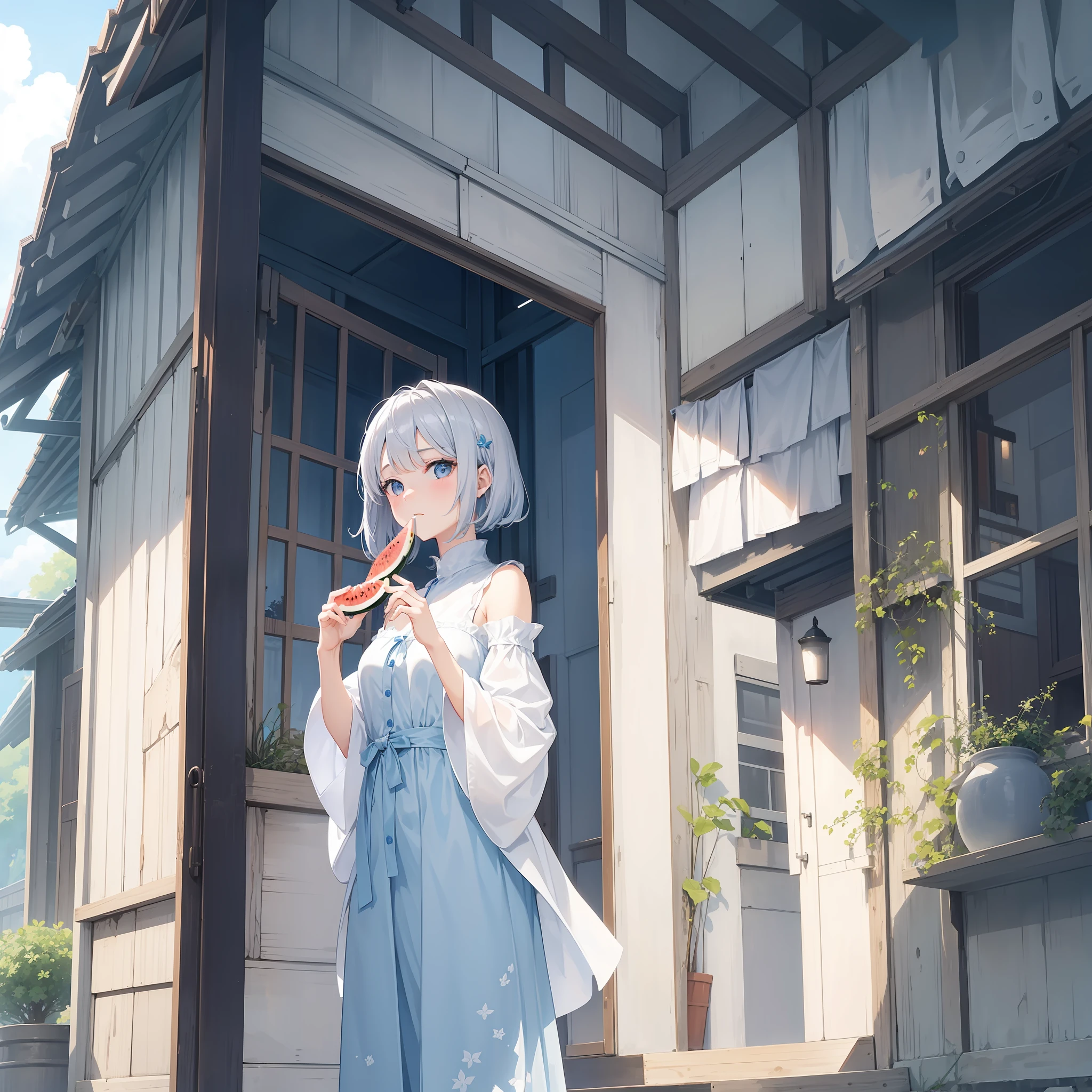 Girl in a dream。I have short silver hair。I'm wearing a white dress。Eyes are light blue。I'm eating a cut watermelon。The place sits on the veranda。It is an illustration of the highest quality。It is a beautiful illustration。