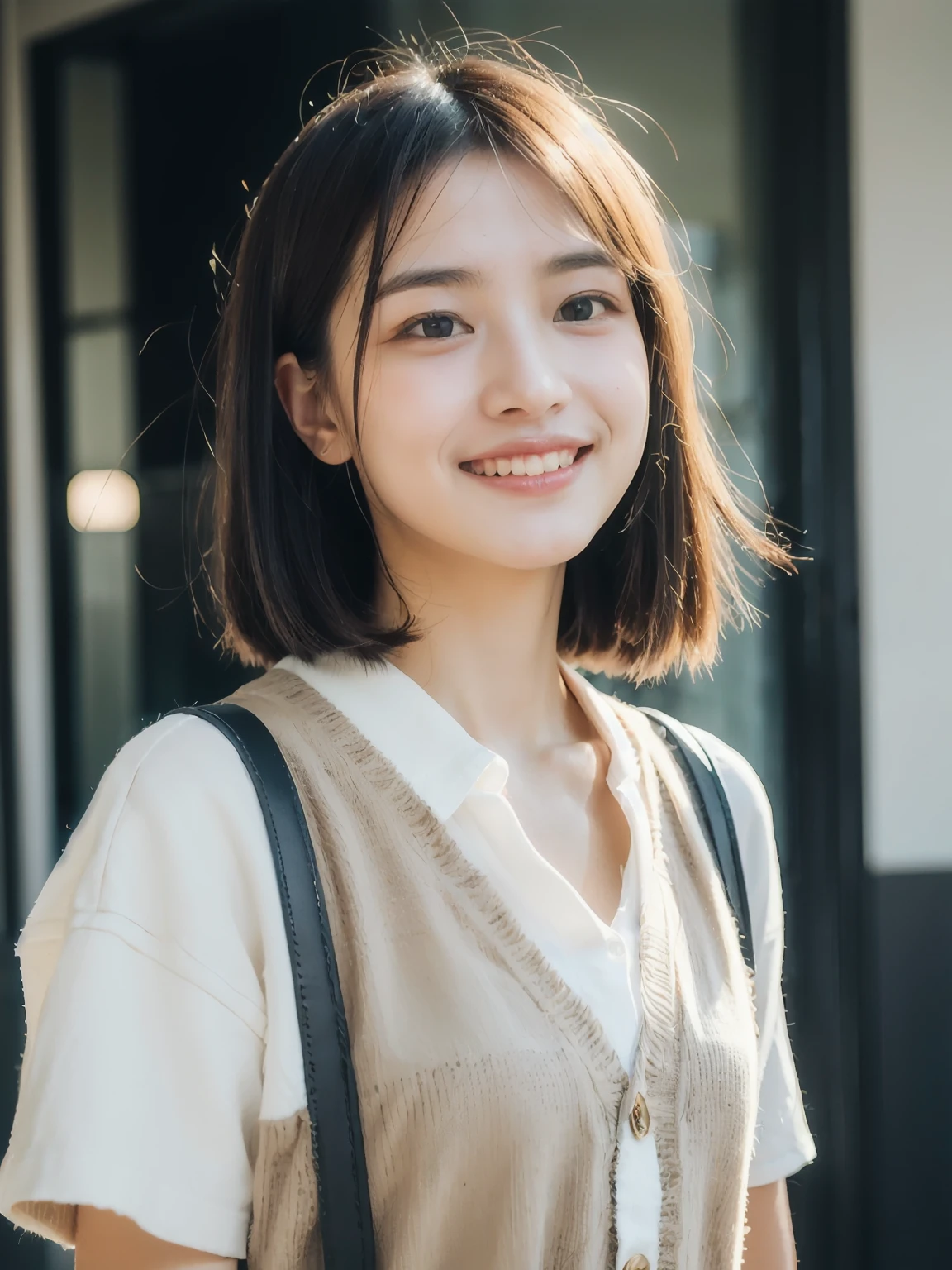 (​masterpiece, top-quality, Kawaii Girl, beauitful face, 8K, Raw photo, 85 mm, absurderes, The upper part of the body:1.4), Green Camisole、White cardigan、Khaki trousers、 sideshot, Look at viewers, High school students, Teen, A slender, small head, middlebreasts, a street, face lights, (Dynamic lighting, Dramatic lighting and shadows, Cinematographic lighting:1.3), sunlights, No makeup, natural, film grains, chromatic abberation, highly contrast, real picture, depth of fields, hight resolution、ultra-detailliert、detaile、foco nítido、Detailed skin, eyes and face、A smile、Sunlight makes your hair shine、