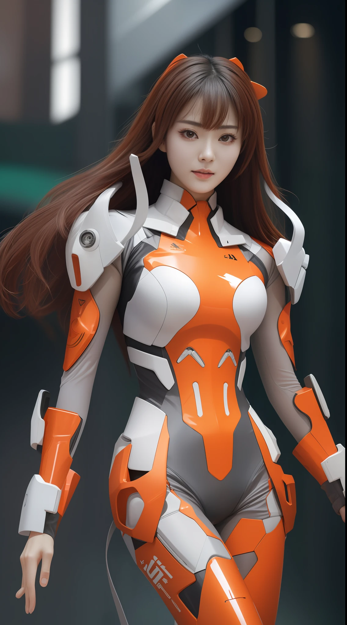 A beautiful Chinese actress, wearing a EVA 02-style latex coat, White and orange latex mech, Playing the role of Souryuu Asuka Lanley,full-body cosplay,Delicate Face, Stunningly Beautiful, Combat Pose,High Detail Skin, Realistic Skin Detail, Visible Pore,The photograph is taken with a Nikon D850 and a Nikon AF-S NIKKOR 70-200mm f/2.8E FL ED VR lens, using settings of f/8.0 aperture, 1/200 sec shutter speed, and ISO 400, DSLR Camera, High Quality, Fair Skin, Photorealism