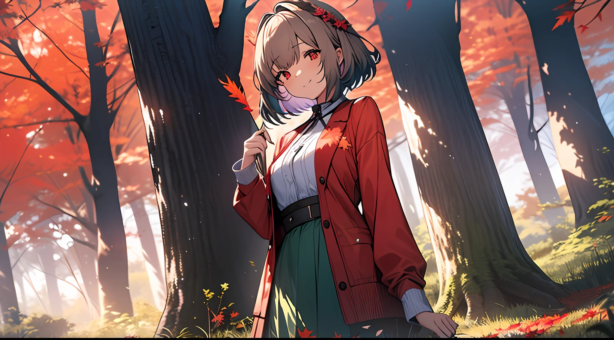 1girl in, short-hair, Solo, Colored leaves, Red Eyes,forest, Outdoors, Long sleeves, Very short hair, tree, momiji, Hold the red maple, Autumn, Holding, Bangs, Maple leaf, Green skirt, frilld, Skirt, Dress, With higan flowers, day, side, Smiling mouth,